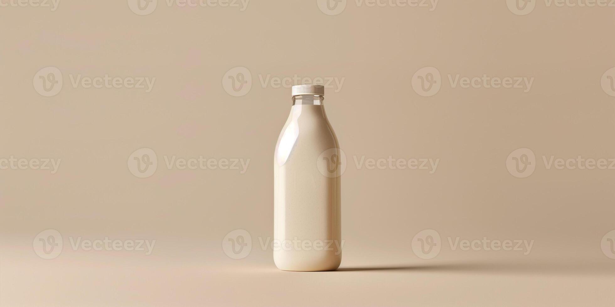 Plastic bottle of kefir with a sealed cap and label, displayed against a neutral backdrop, gastronomy photography photo