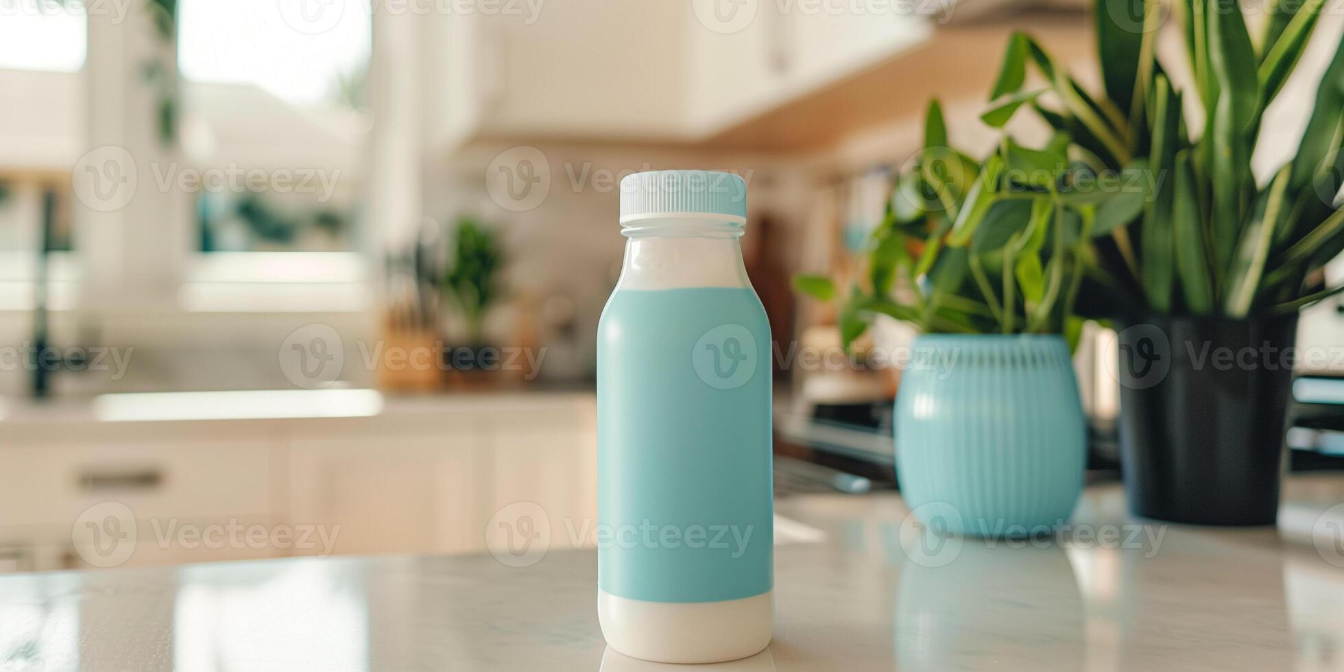 Plastic bottle of probiotic yogurt drink with a health benefits label, resting on a kitchen counter, photorealistic food photo