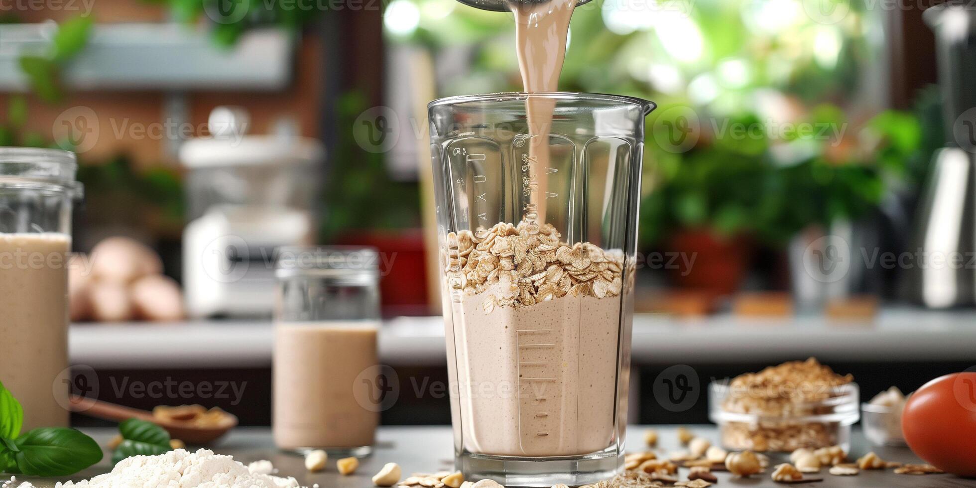 Meal replacement shake mix being poured into blender, with ingredients in background, gastronomy photography photo
