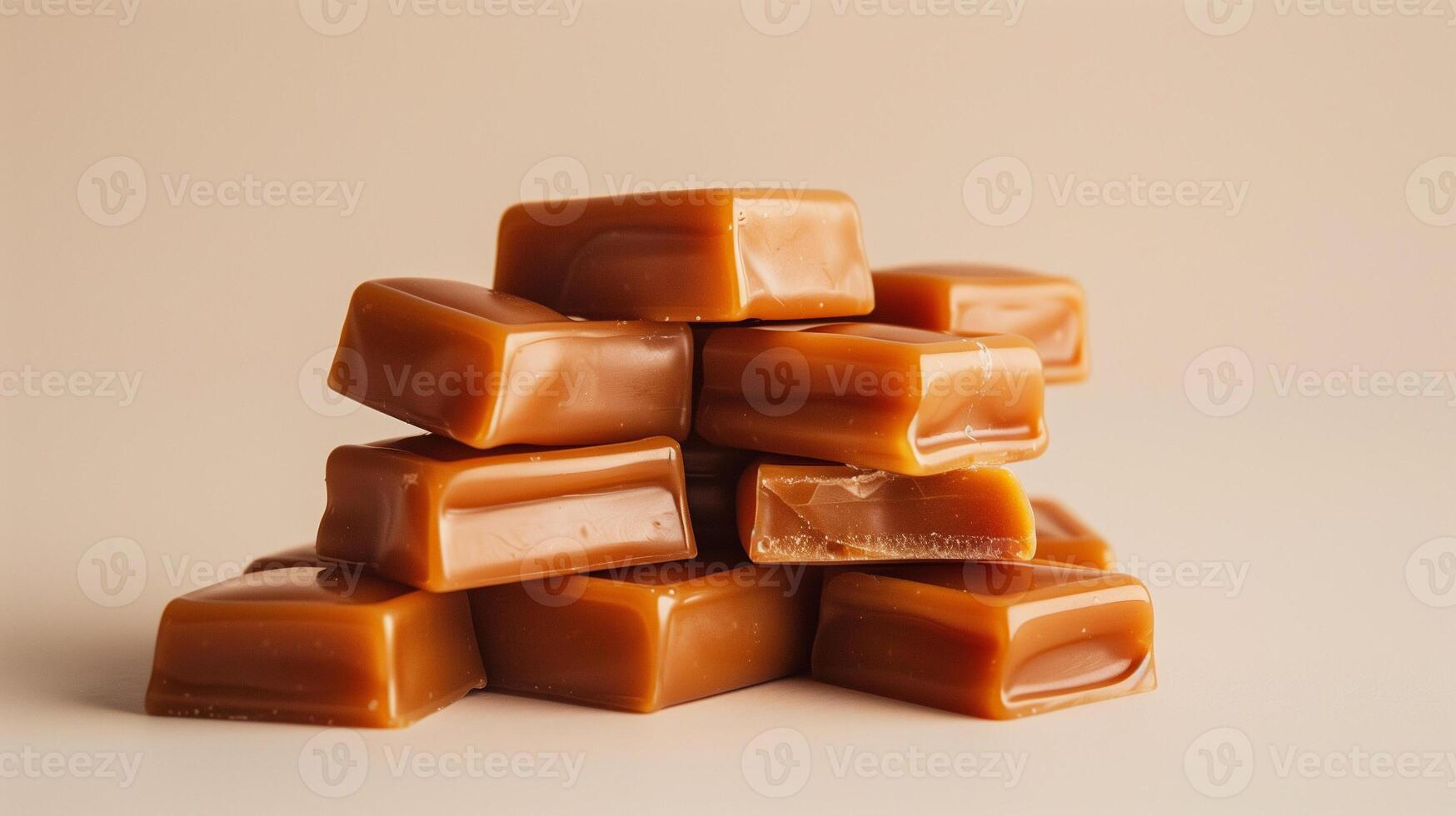 Pile of caramel candies stacked in a heap, highlighting their rectangular shapes on a neutral backdrop, gastronomy photography photo
