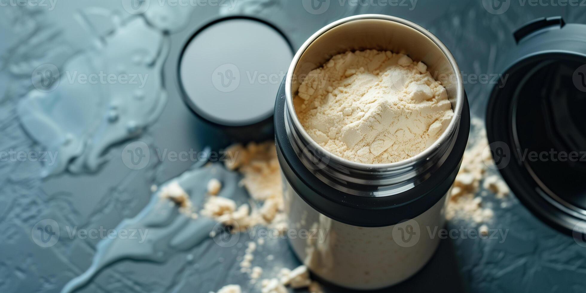 Protein shake powder being poured into a shaker bottle, with the lid open beside it, photorealistic food photo