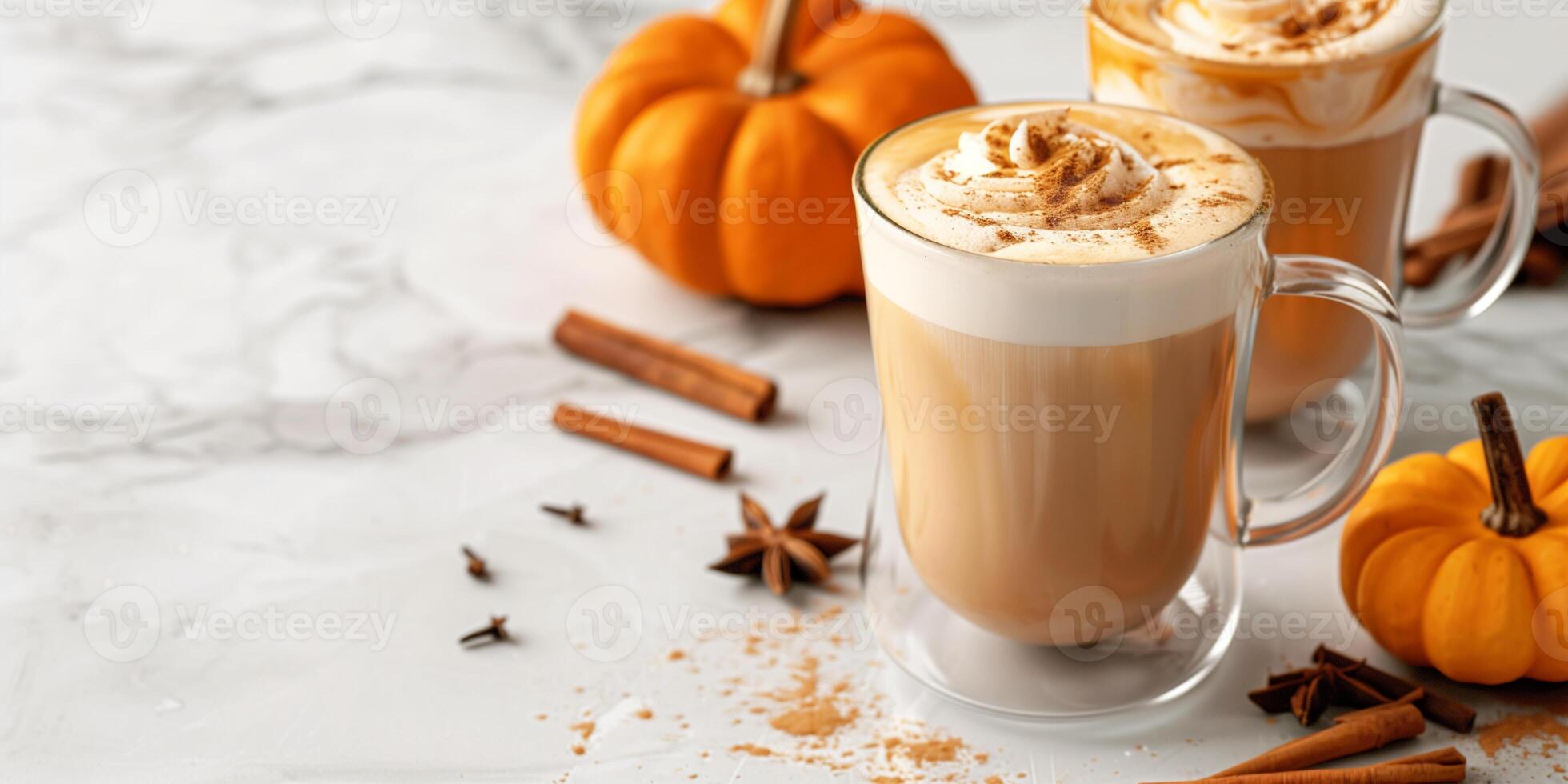 Pumpkin spice lattes in clear mugs placed beside small pumpkins and scattered cinnamon sticks, photorealistic food photo