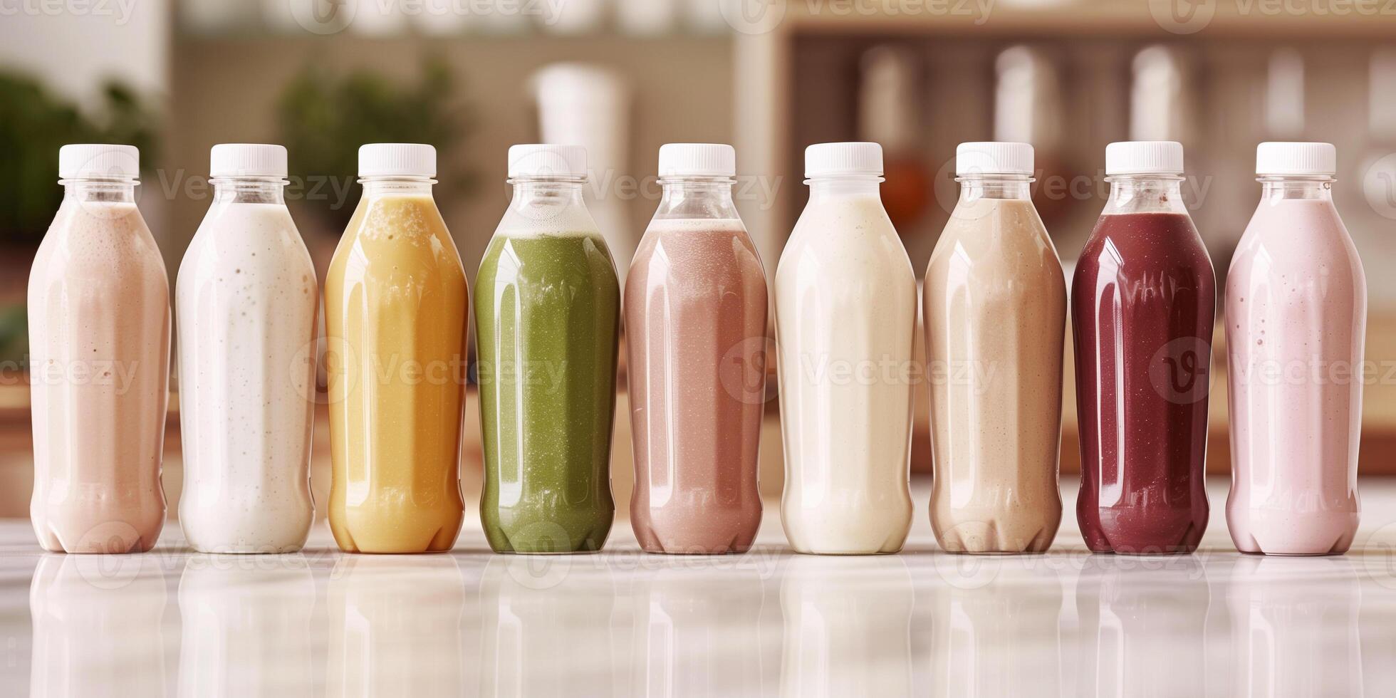 Ready-to-drink meal replacement shakes in uniform bottles lined up on clean surface, photorealistic food photo