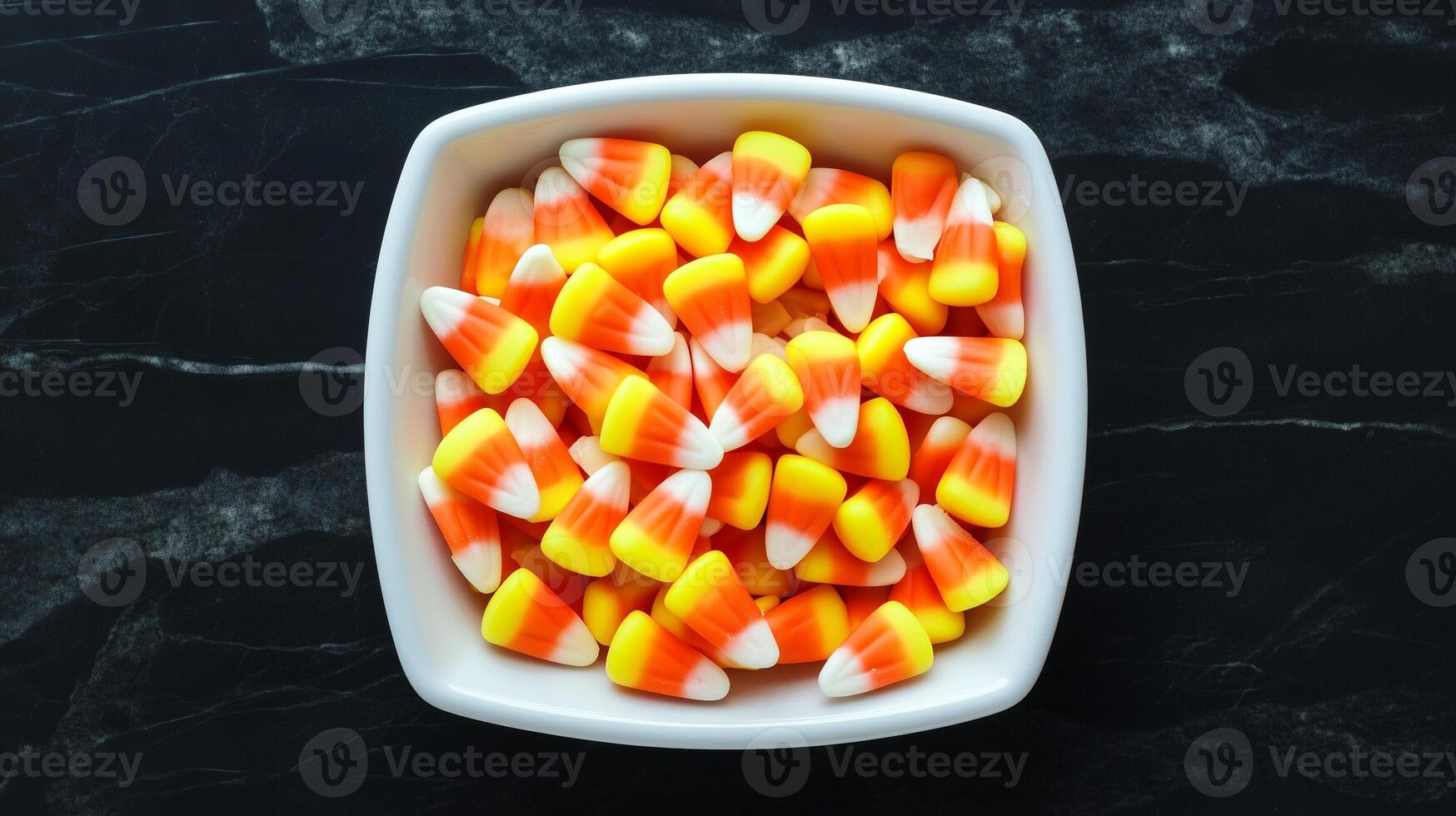 Bowl of candy corn pieces arranged in a triangular pattern, featuring classic tricolor segments, meal photography photo