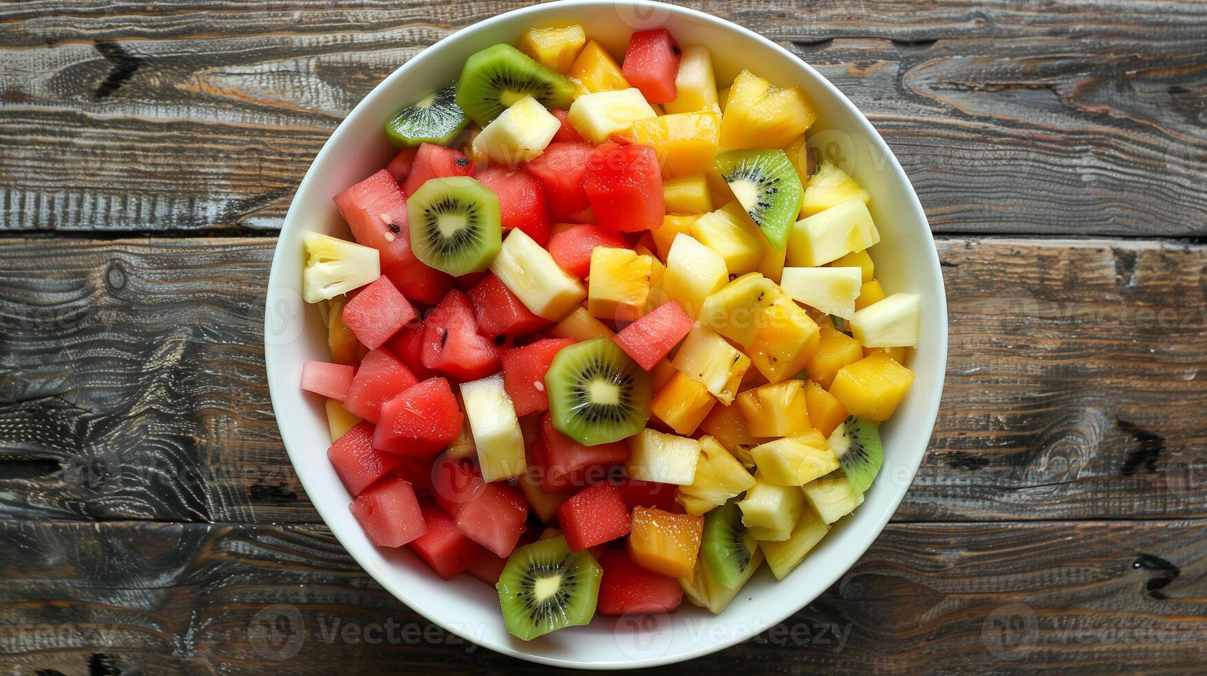 Bowl of freshly chopped fruit salad with pineapple, watermelon, and kiwi, food setting photo
