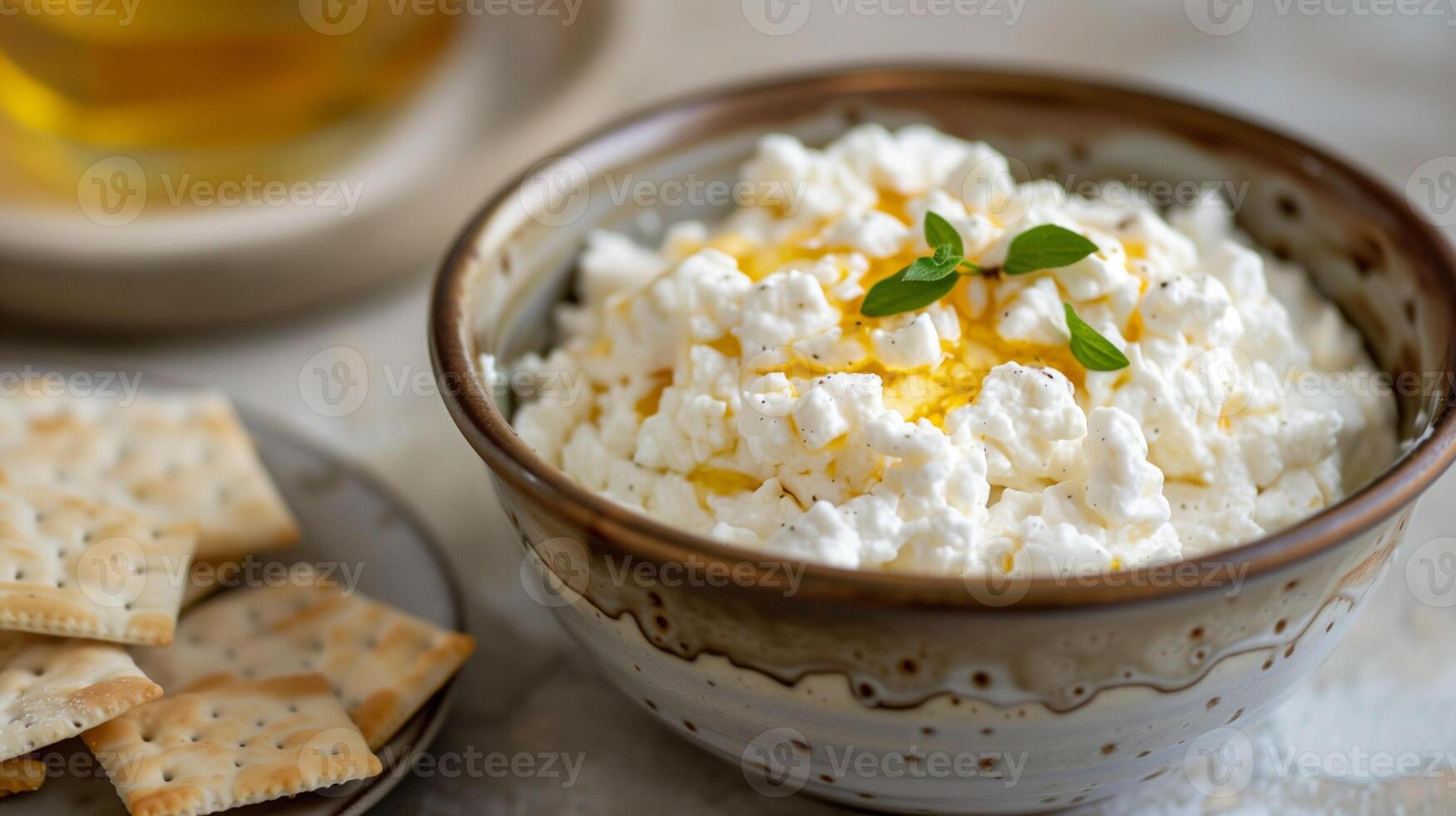 Bowl of cottage cheese with honey drizzle next to a plate of crackers, food setting photo
