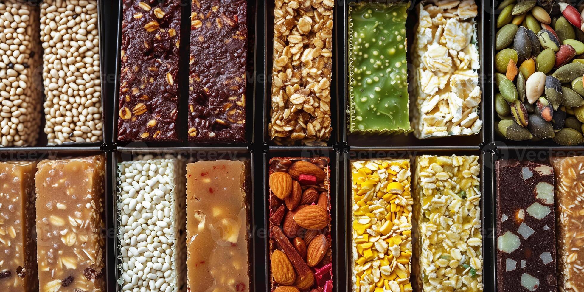 Box of meal replacement bars arranged neatly in rows with clear labeling, food setting photo