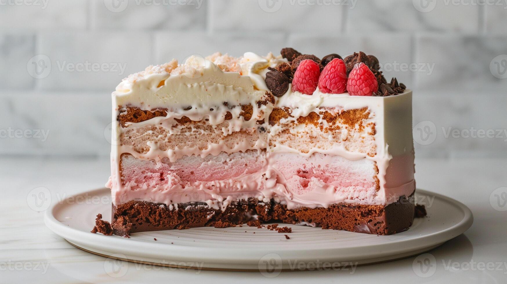 Cake on a simple platter showing distinct layers of ice cream and cake, meal photography photo