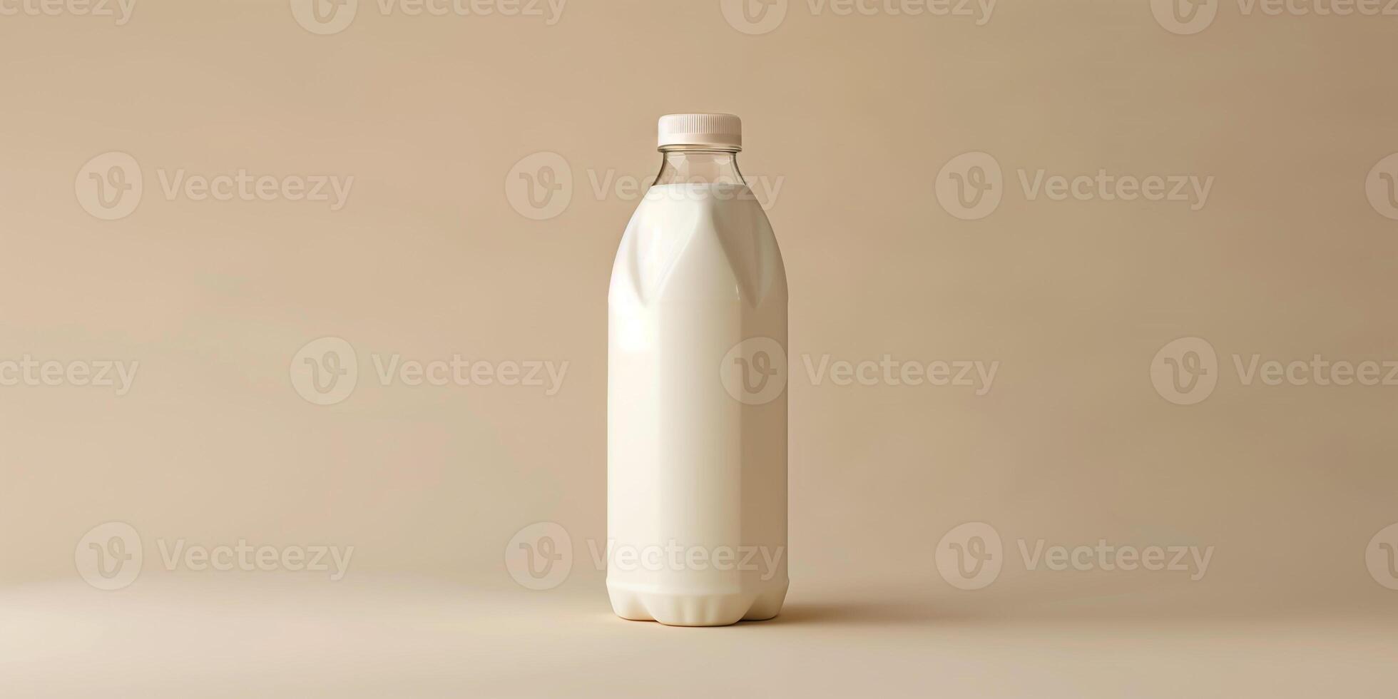 Plastic bottle of kefir with a sealed cap and label, displayed against a neutral backdrop, meal photography photo