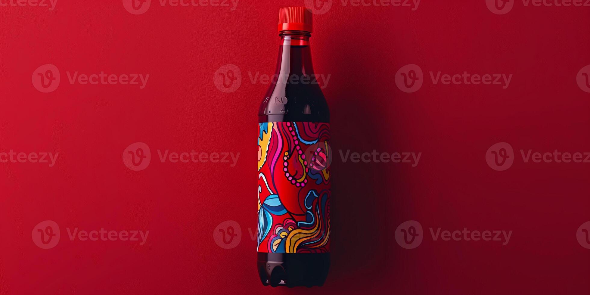 Plastic bottle with a vibrant label, filled with a dark red liquid, meal photography photo