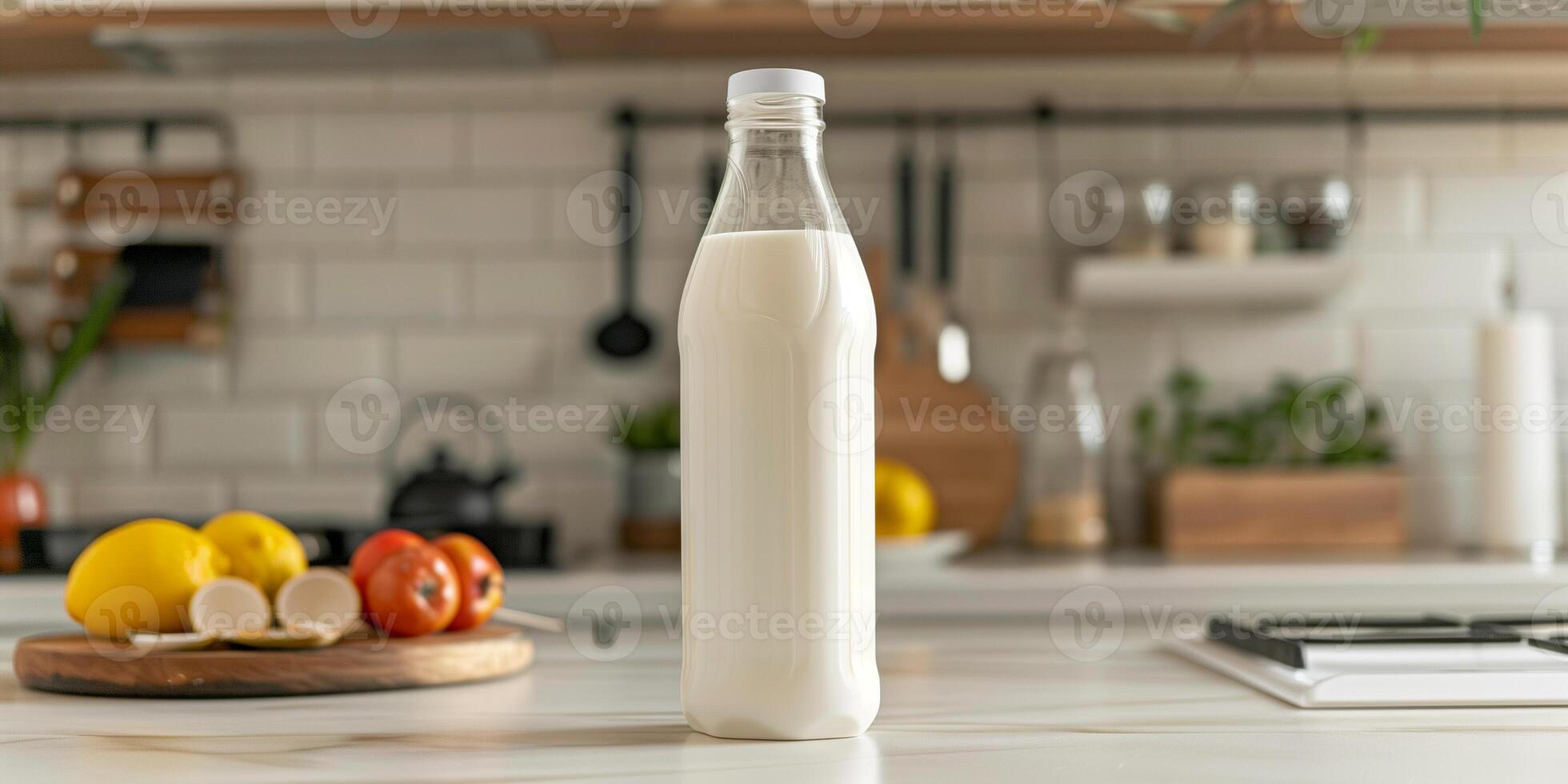 Plastic bottle of yogurt drink with a clear label, standing upright on a kitchen countertop, food setting photo