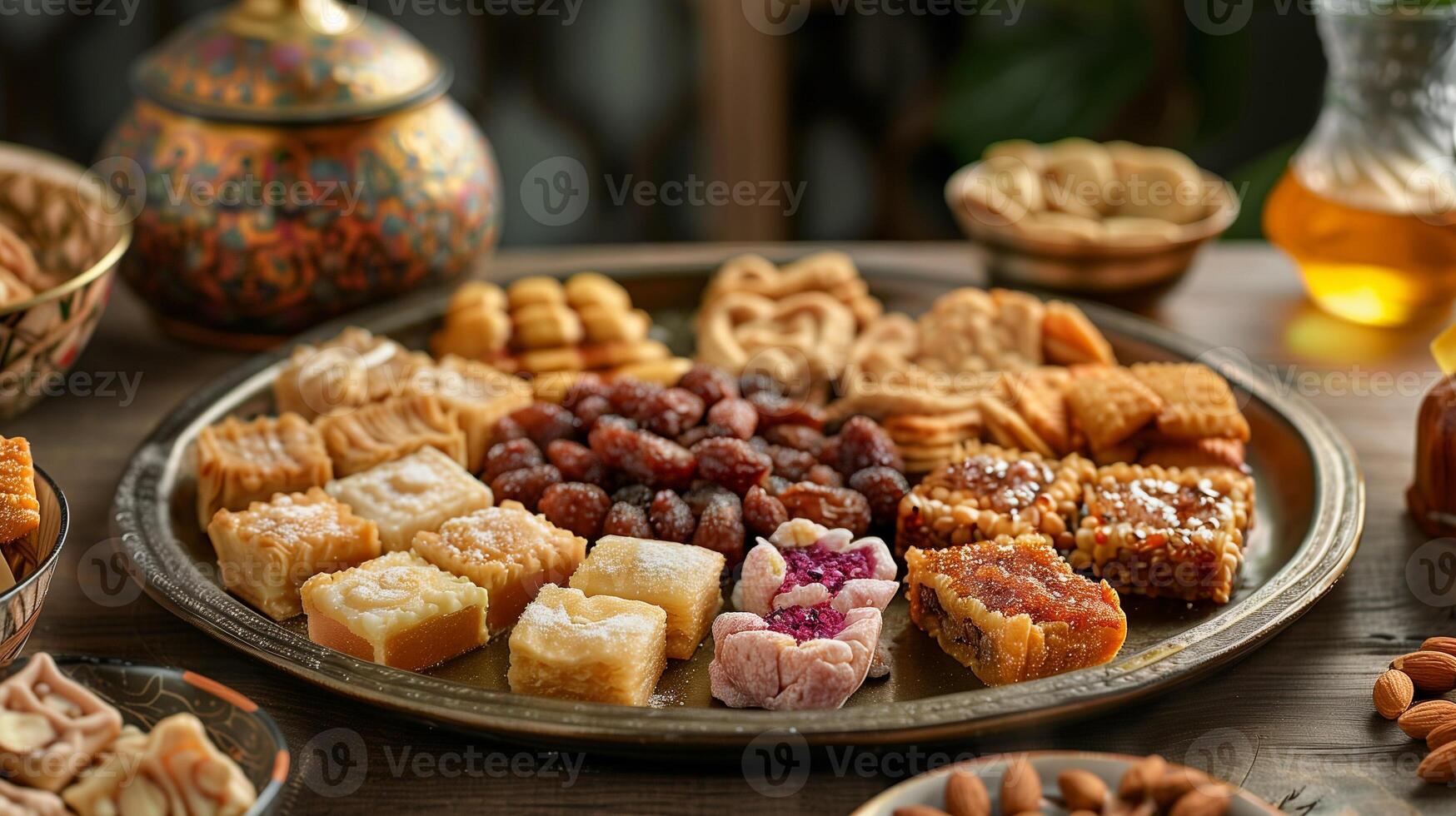 Platter with bite-sized confections, nuts, honey-infused pastries, food setting photo