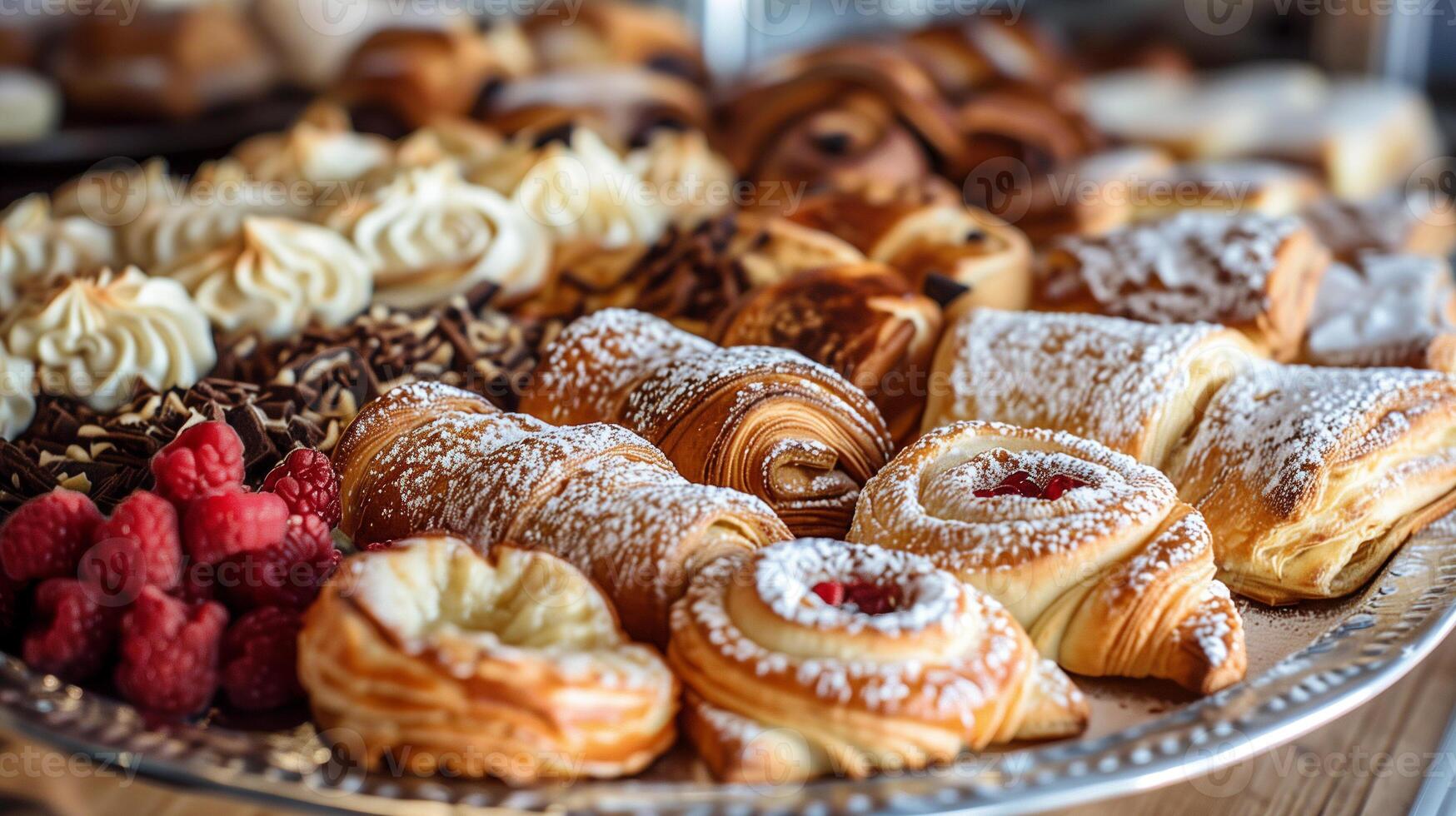 Platter of assorted sweet European pastries including Danish pastries and strudels, meal photography photo