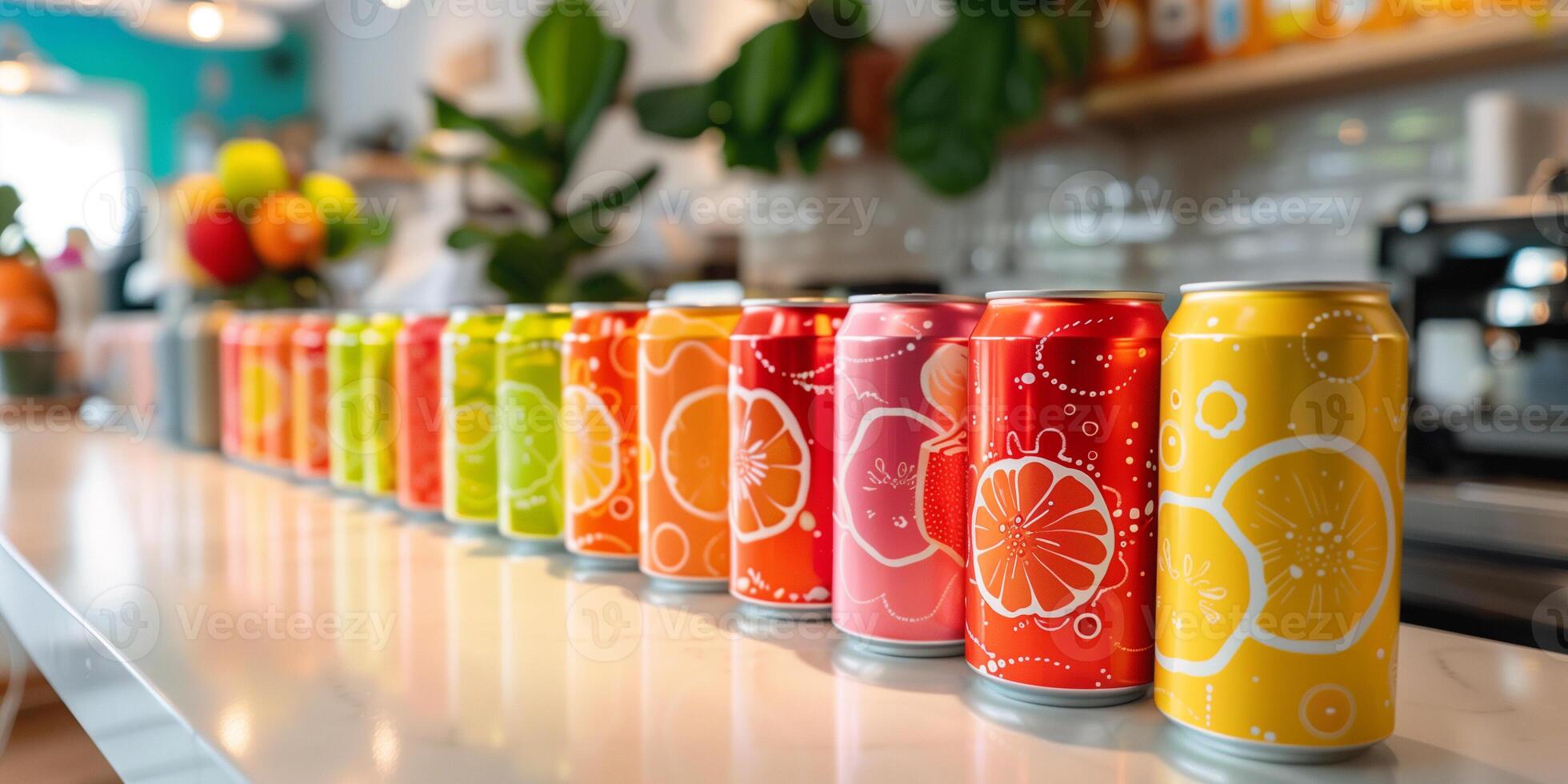 Row of colorful cans with various flavors displayed on a white countertop, meal photography photo