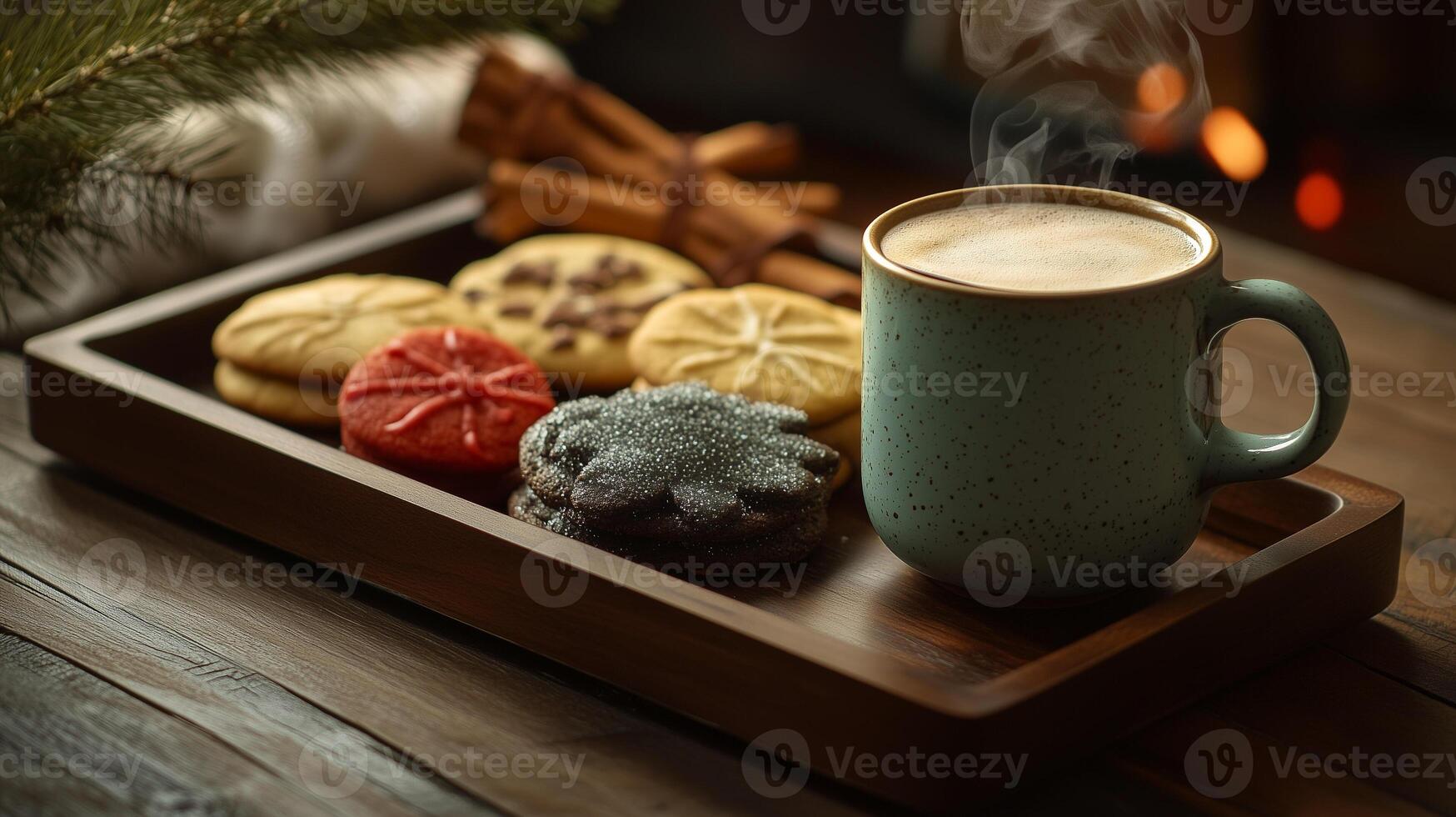Steaming drink in a cup next to a tray of colorful holiday cookies on a wooden table, food setting photo