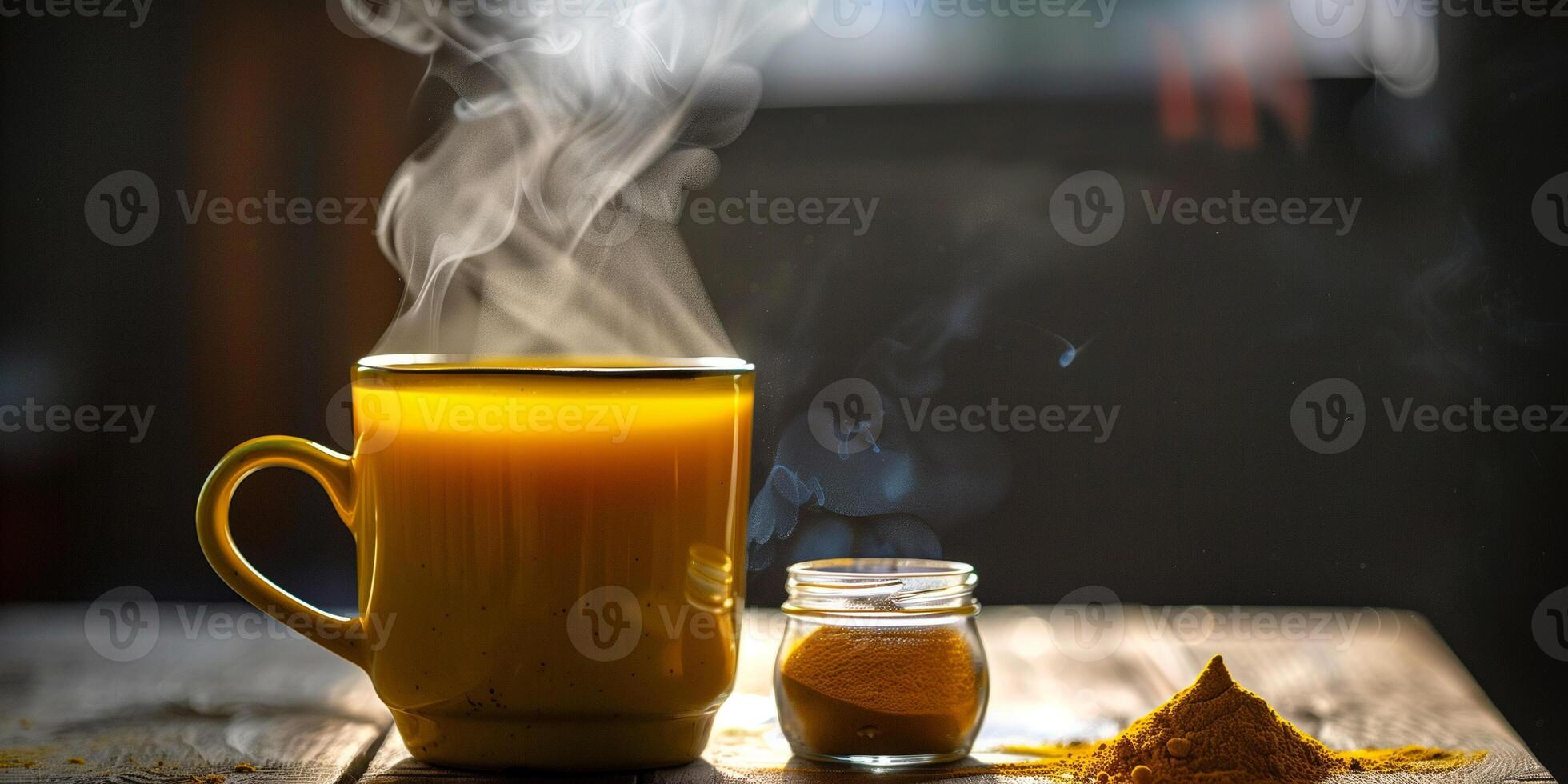 Steaming mug of yellow liquid with jar of turmeric powder beside it, food setting photo