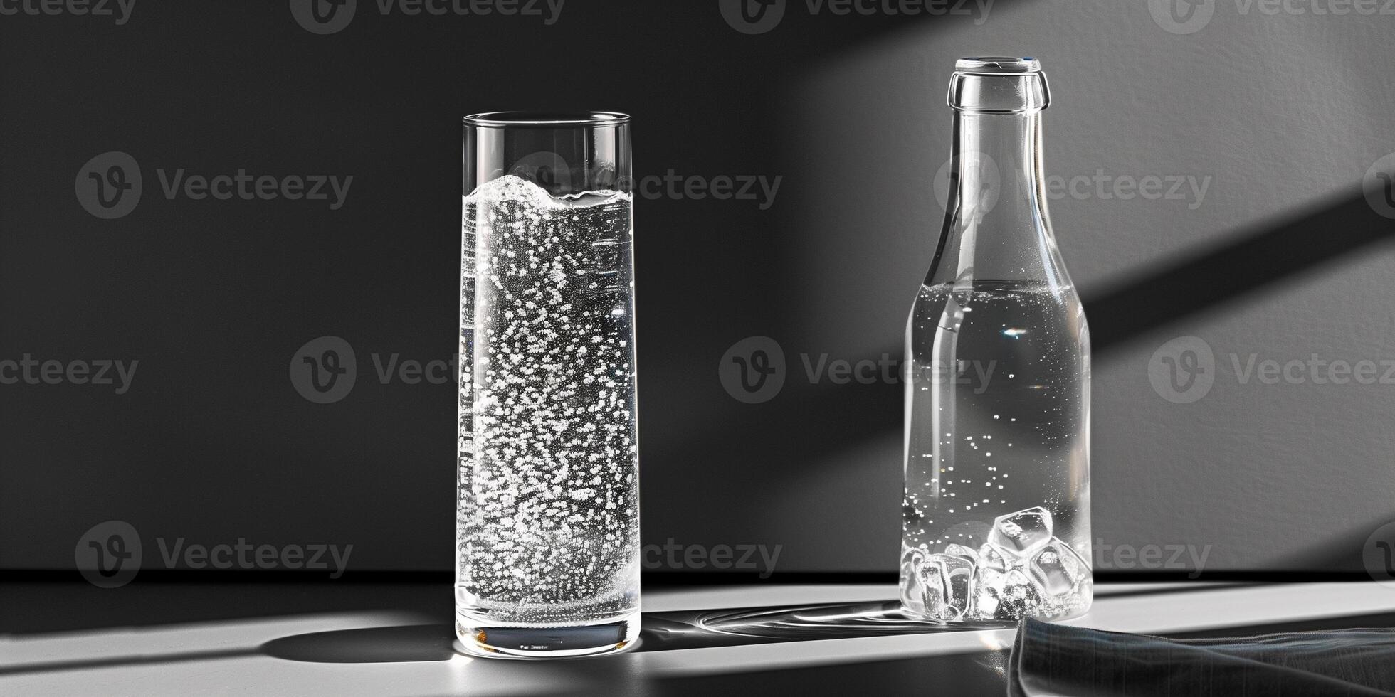 Tall glass containing clear sparkling water with visible bubbles, placed next to a glass bottle, food setting photo