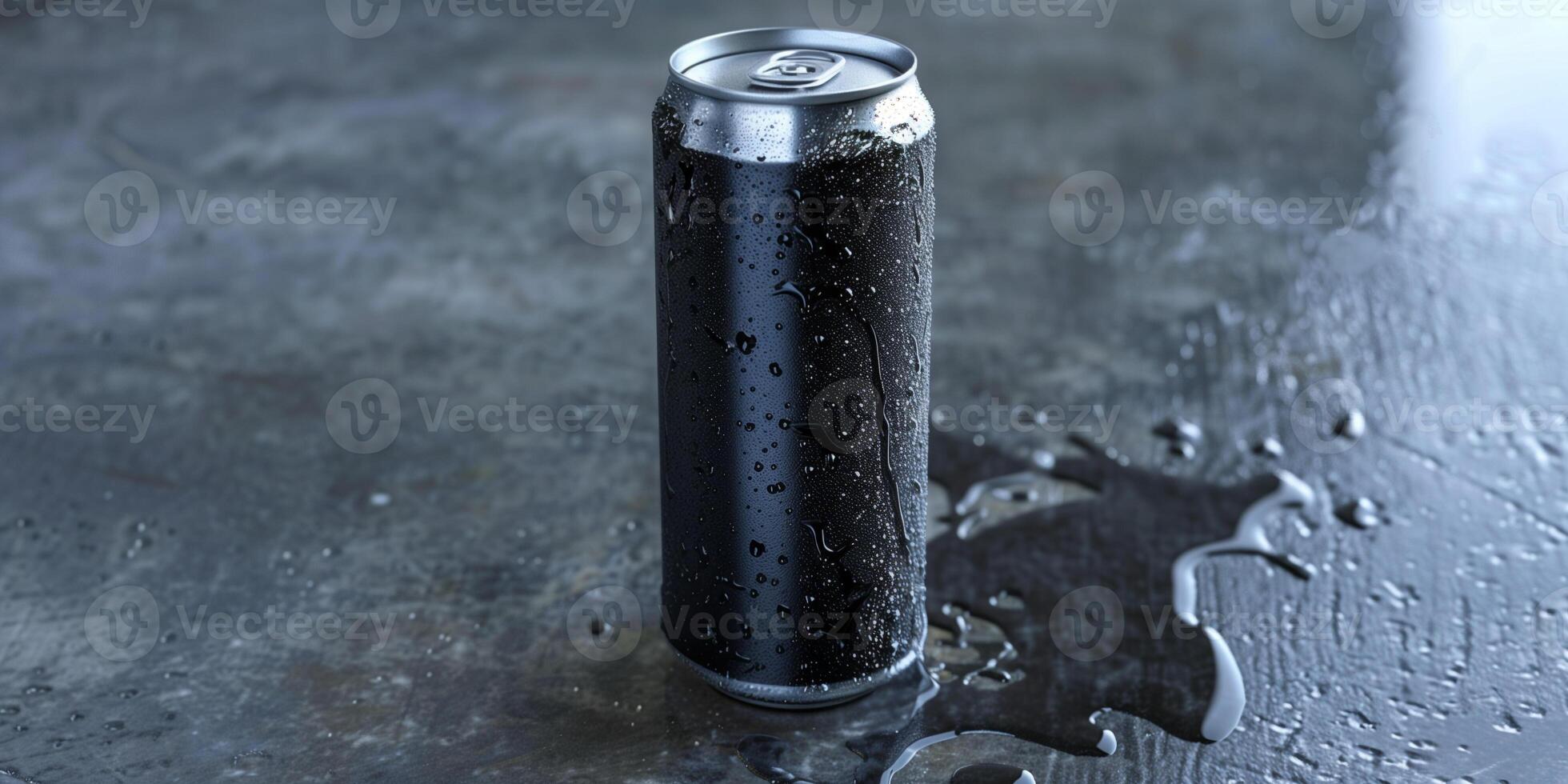 Open energy drink can with visible condensation, placed on a metallic surface with minimal surroundings, food setting photo