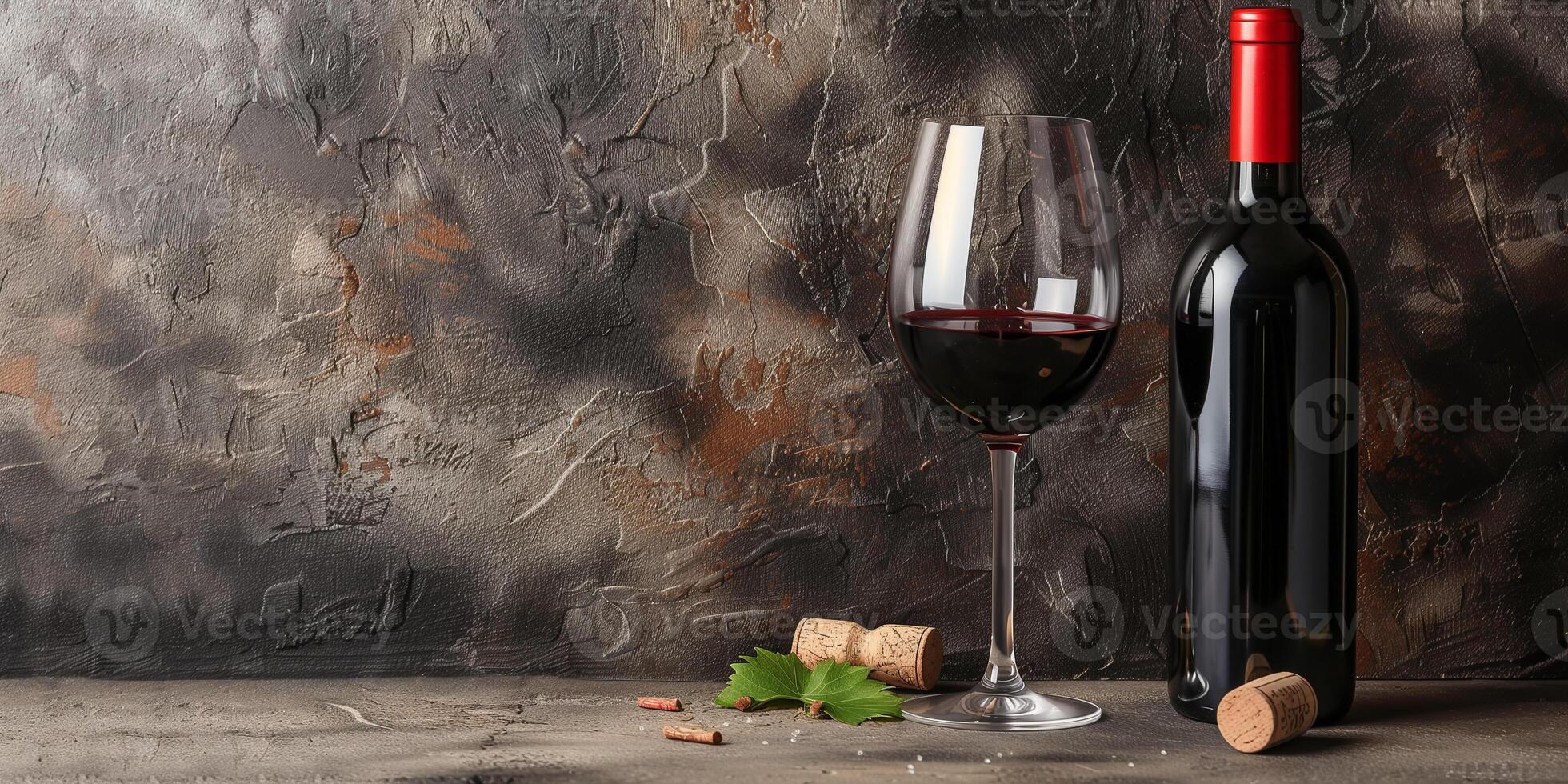 Red wine in a glass, positioned beside an uncorked bottle and a cork on a table, meal photography photo