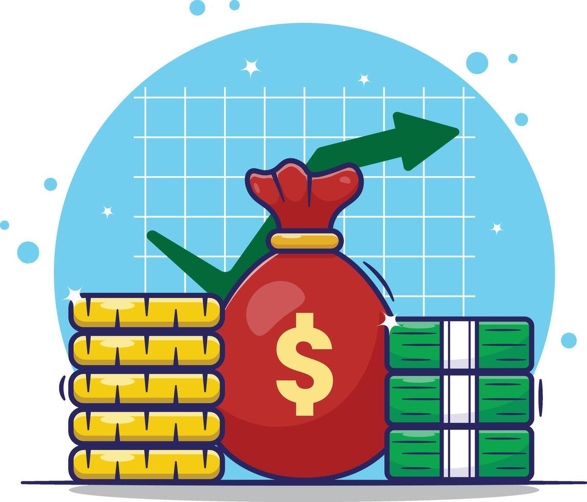 Draw cute money bag, banknotes, stack of coins with chart as a background. Flat cartoon business finance concept illustration vector