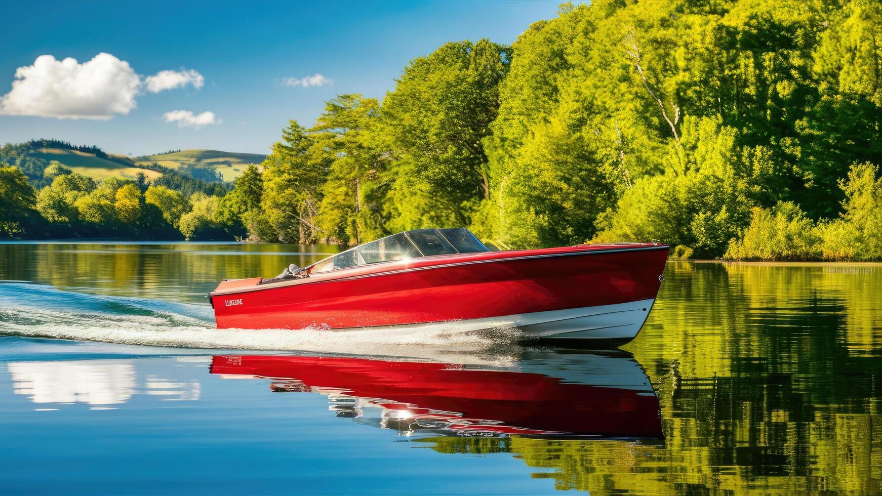 Red Speedboat Navigating Calm River Surrounded By Lush Green Trees photo