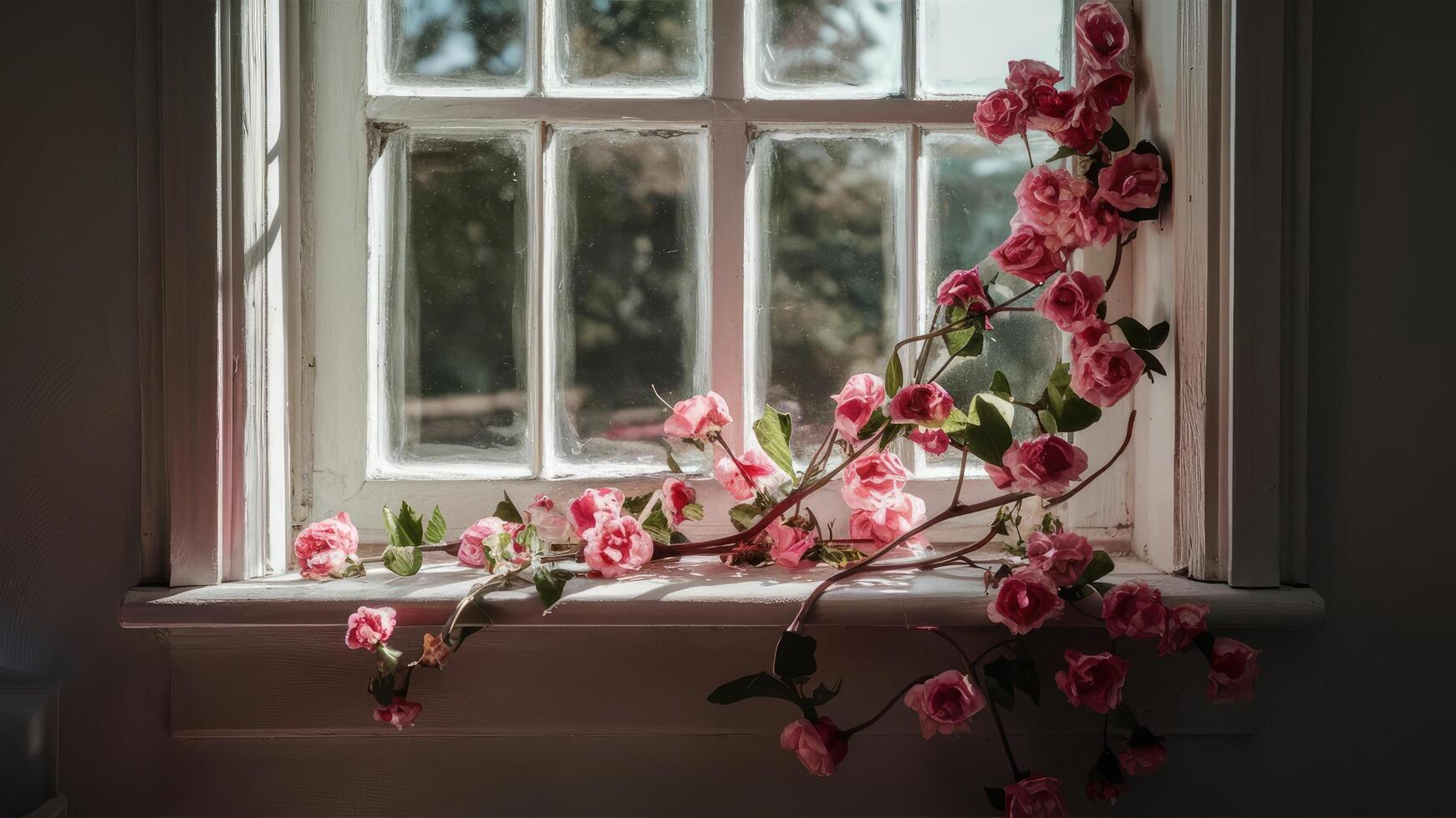 Pink Roses Resting On A White Window Sill photo