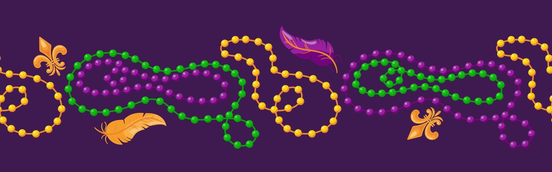 A vibrant illustration of Mardi Gras beads forming a horizontal border. The design features colorful, shiny beads in purple, green, and gold, capturing the festive spirit of the celebration. vector