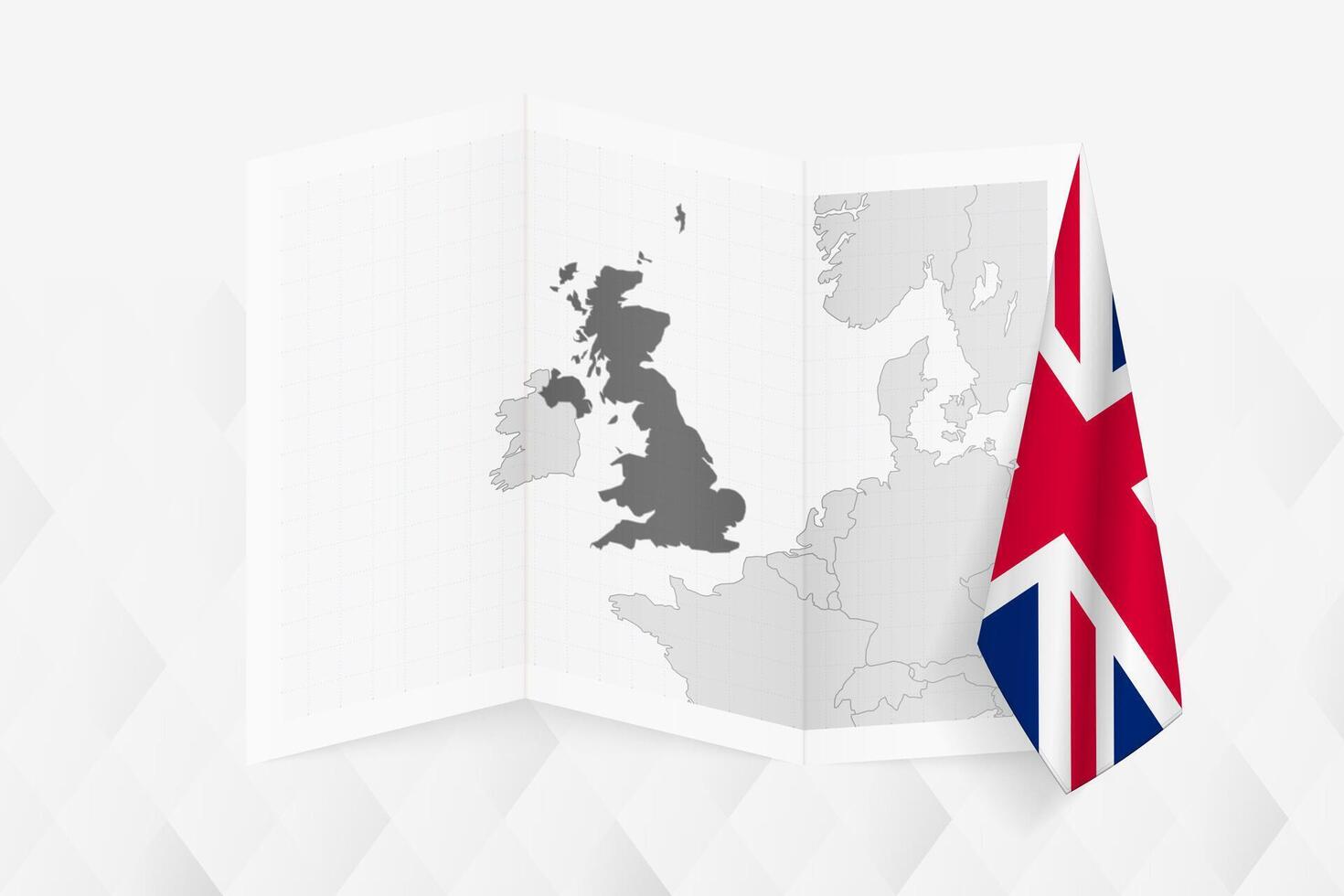 A grayscale map of United Kingdom with a hanging British flag on one side. Map for many types of news. vector