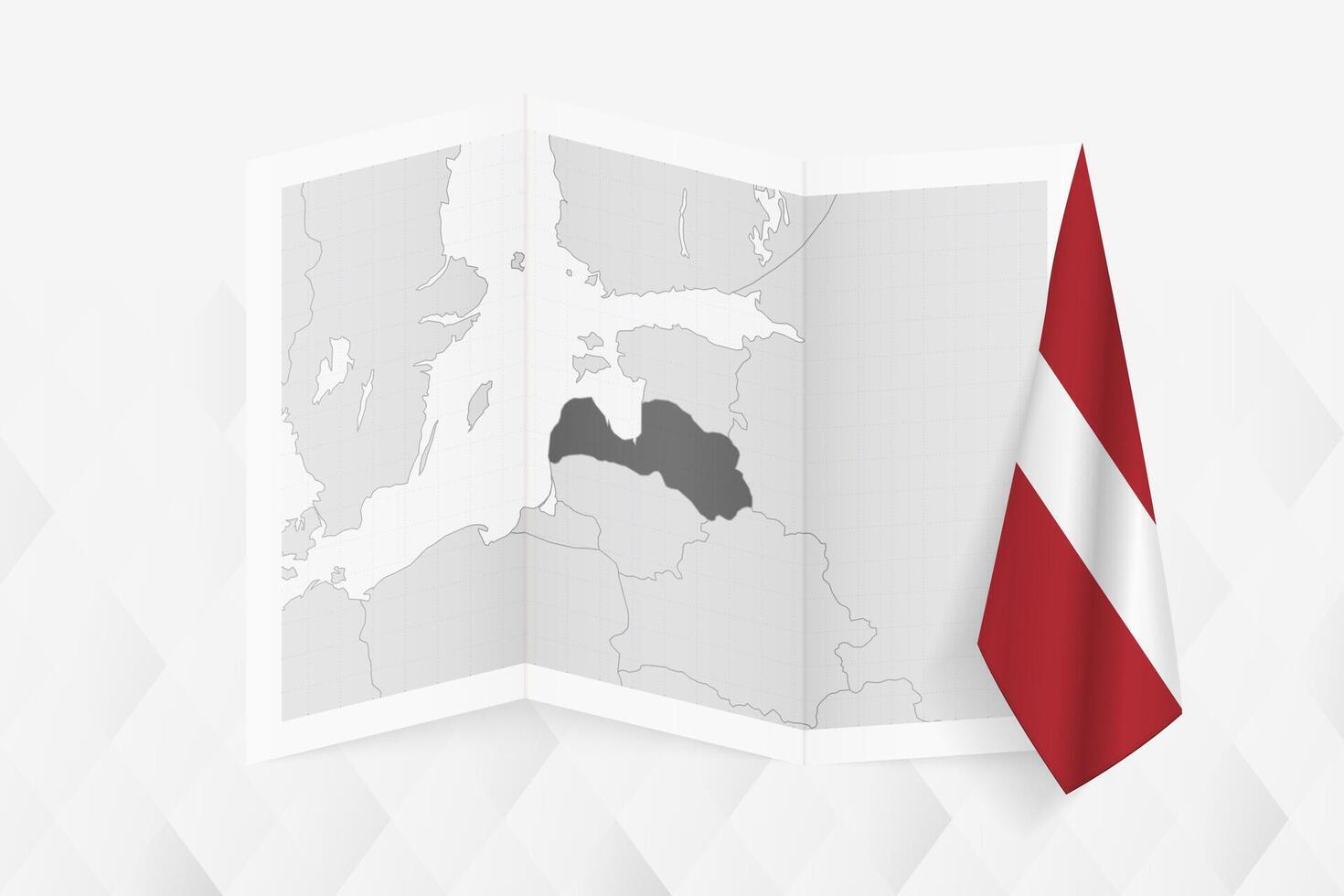 A grayscale map of Latvia with a hanging Latvian flag on one side. Map for many types of news. vector