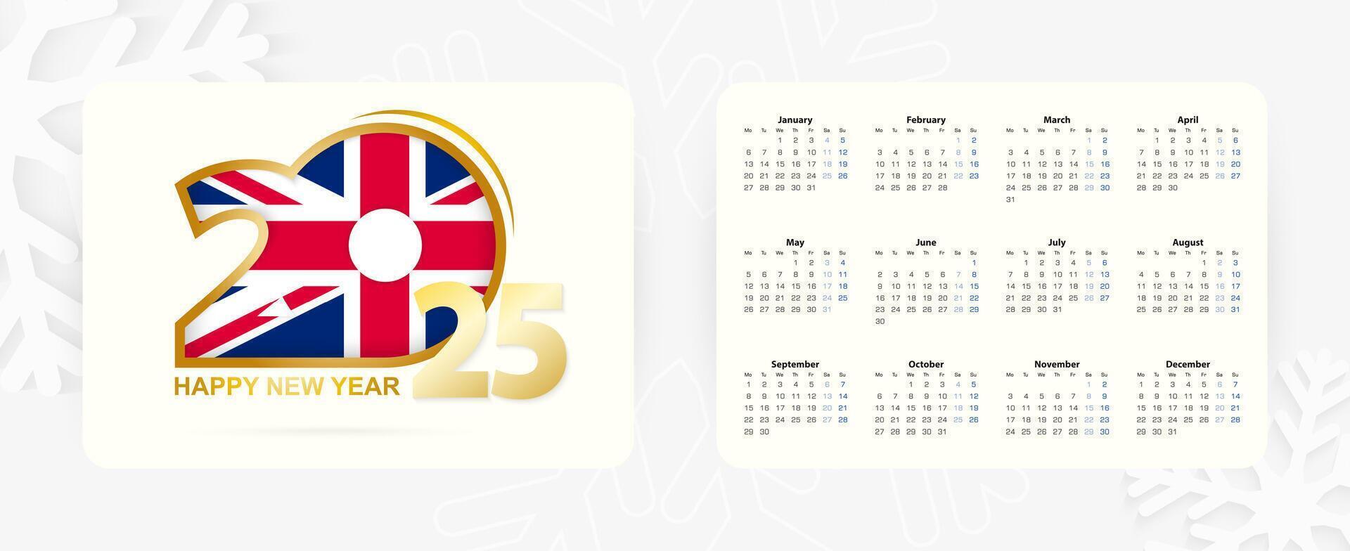 Horizontal Pocket Calendar 2025 in English language. New Year 2025 icon with flag of United Kingdom. vector