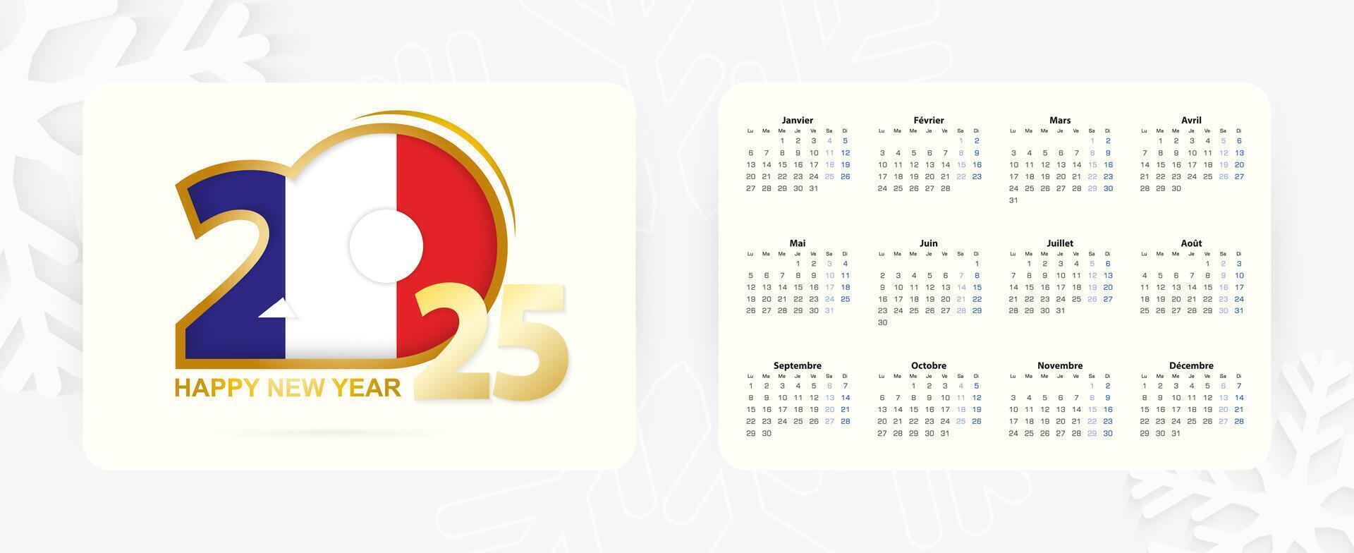 Horizontal Pocket Calendar 2025 in French language. New Year 2025 icon with flag of France. vector