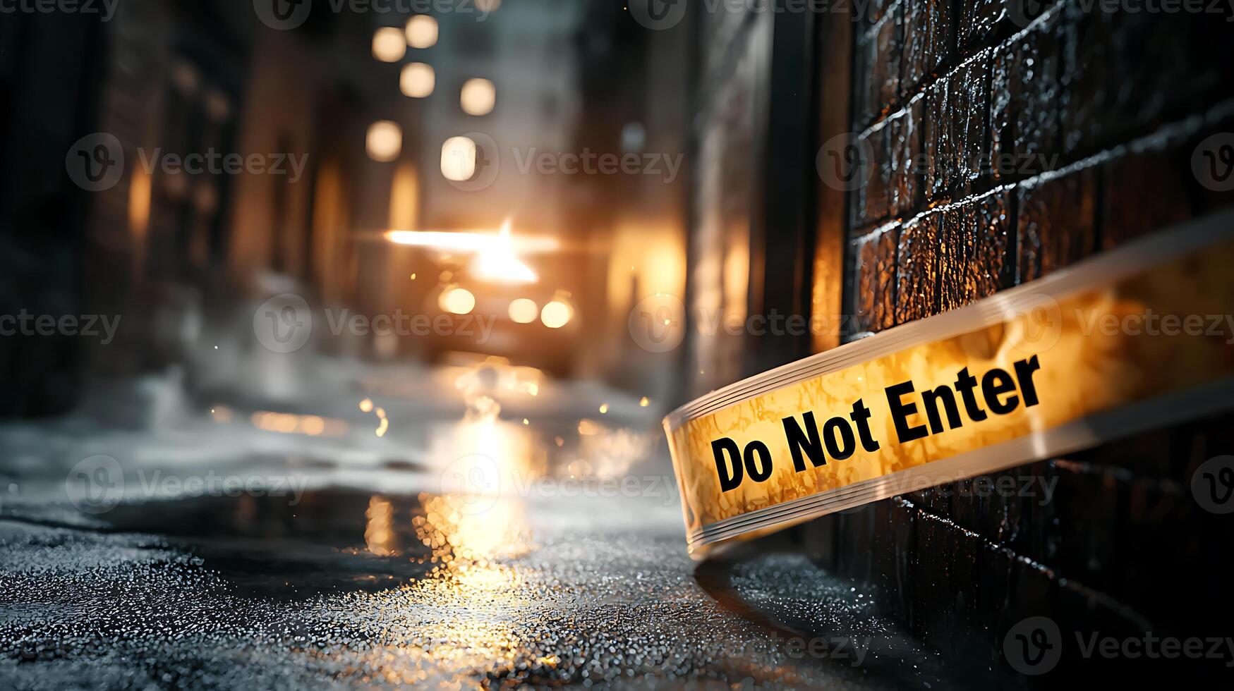 Do Not Enter tape cordoning off dimly lit alleyway, creating sense of mystery and caution. wet pavement reflects light, enhancing atmosphere photo