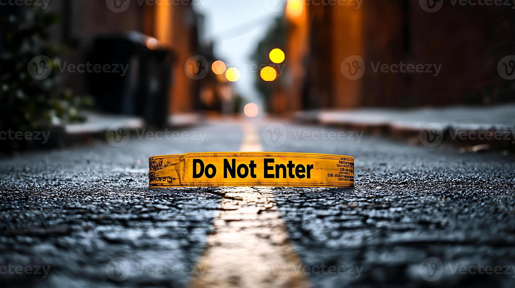 Do Not Enter tape on wet street, creating sense of caution and restriction. blurred background adds depth to urban scene photo