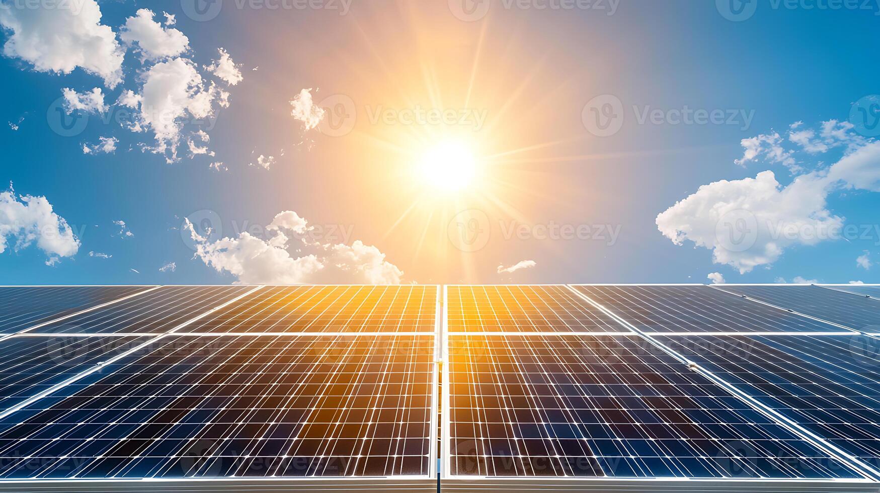 Solar panels under bright sun, showcasing renewable energy technology and clear blue sky. scene emphasizes sustainability and innovation in energy photo