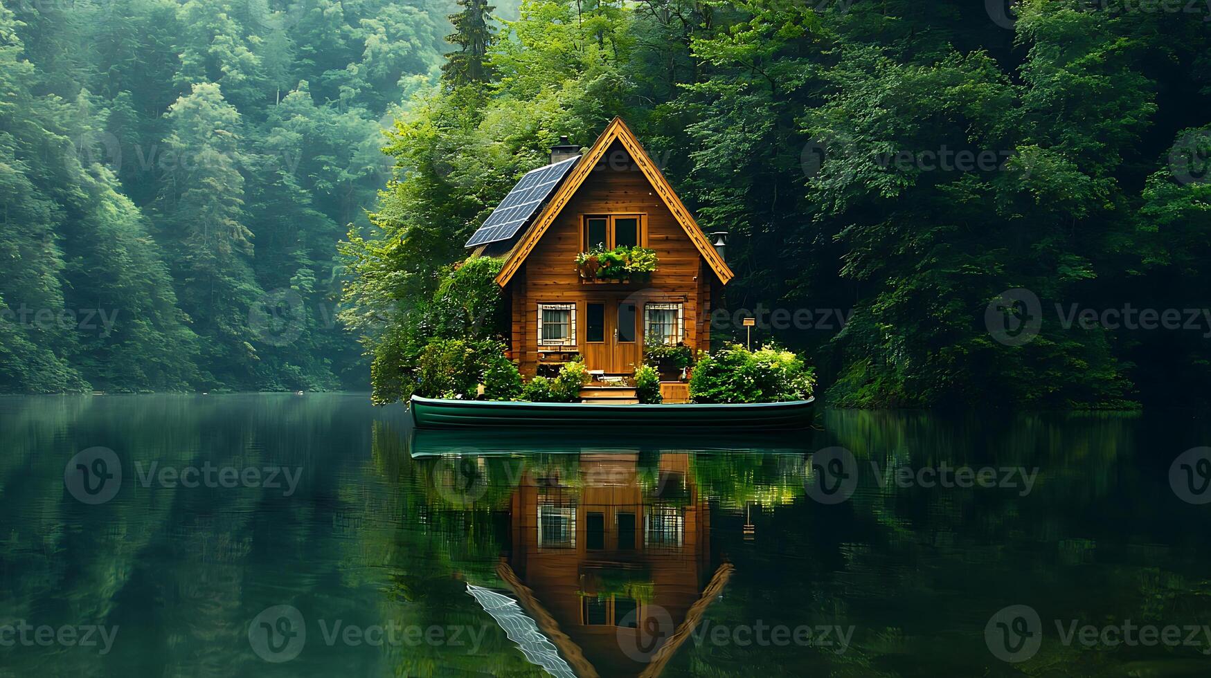 charming solar powered floating house surrounded by lush greenery, reflecting beautifully on calm water. This serene setting evokes sense of tranquility and harmony with nature photo