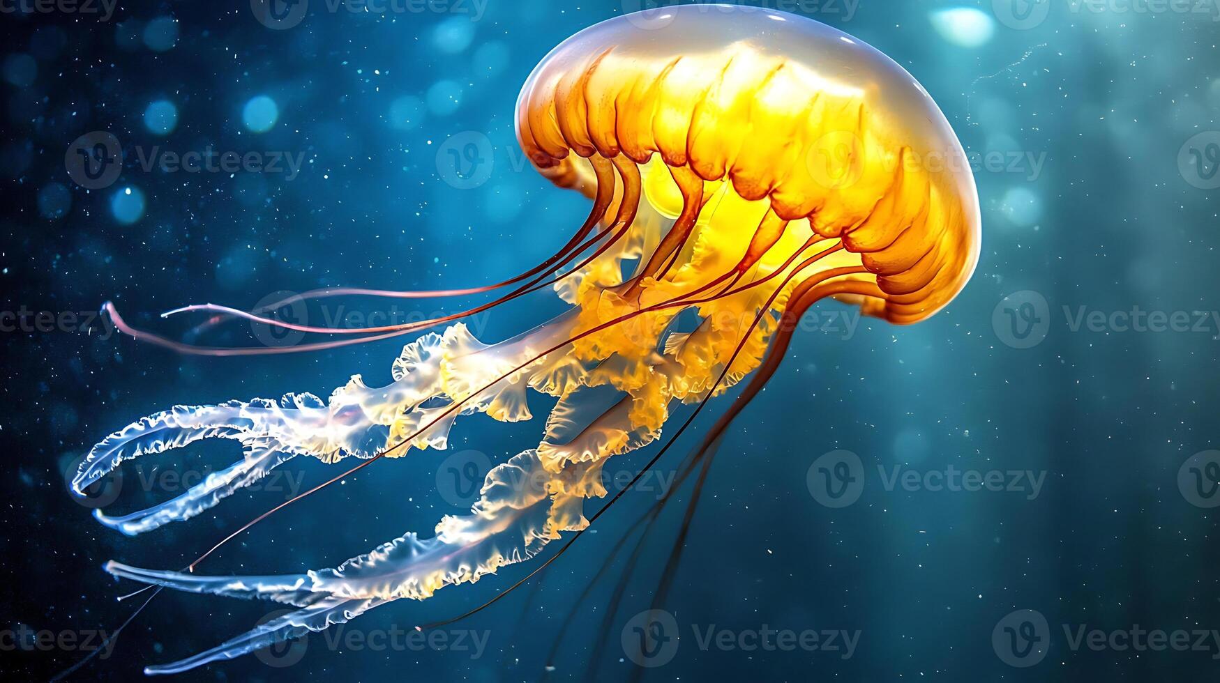 vibrant underwater photo of glowing jellyfish, showcasing its delicate tentacles and luminous body, creating mesmerizing scene in ocean depths