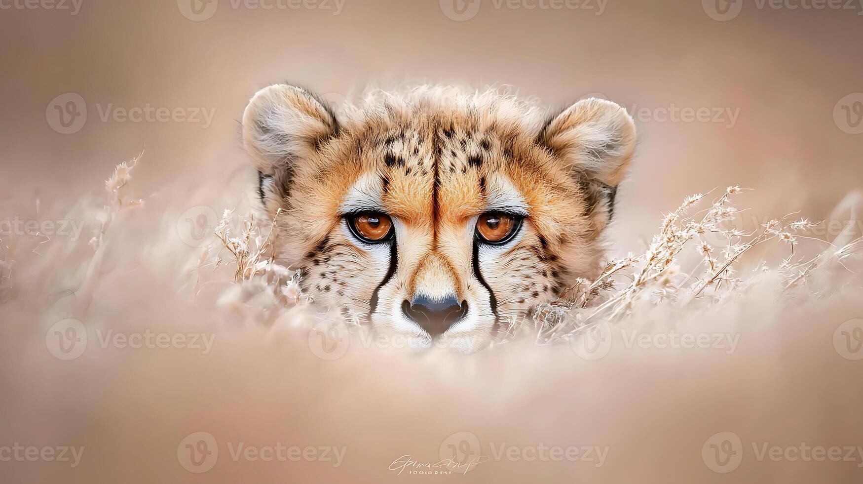 close up of cheetah face peering through tall grass, showcasing its striking eyes and distinctive fur pattern. image captures essence of wildlife in serene environment photo