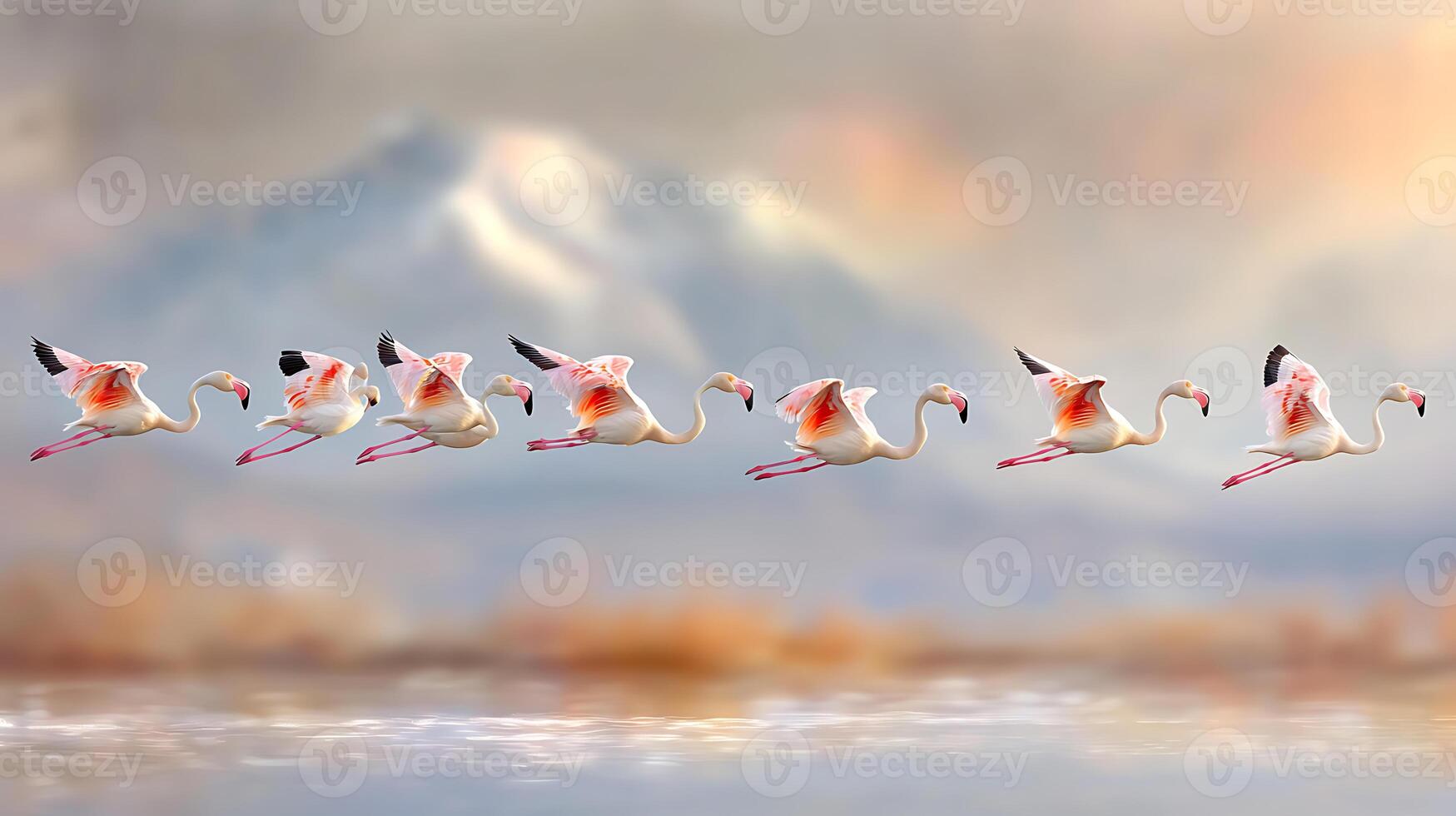 flock of flamingos gracefully flying over serene wetland, showcasing their vibrant pink feathers against soft, blurred background. scene evokes sense of tranquility and beauty in nature photo