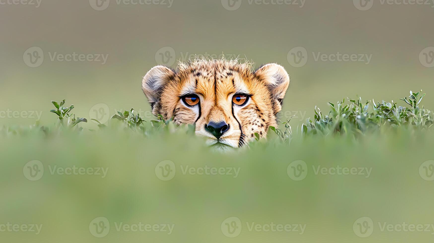 cheetah peeks through tall grass, showcasing its striking eyes and unique fur pattern. This wildlife moment captures essence of nature beauty and stealth of this magnificent predator photo