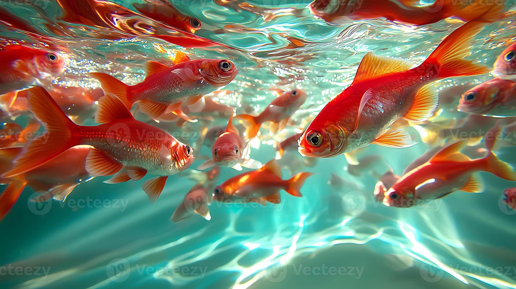 Vibrant underwater scene featuring school of goldfish swimming gracefully. shimmering water creates lively atmosphere, showcasing beauty of aquatic life photo