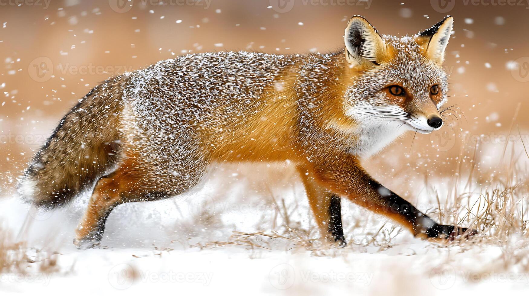 fox hunting in snowy field, showcasing its agility and focus amidst falling snowflakes. scene captures beauty of wildlife in winter photo