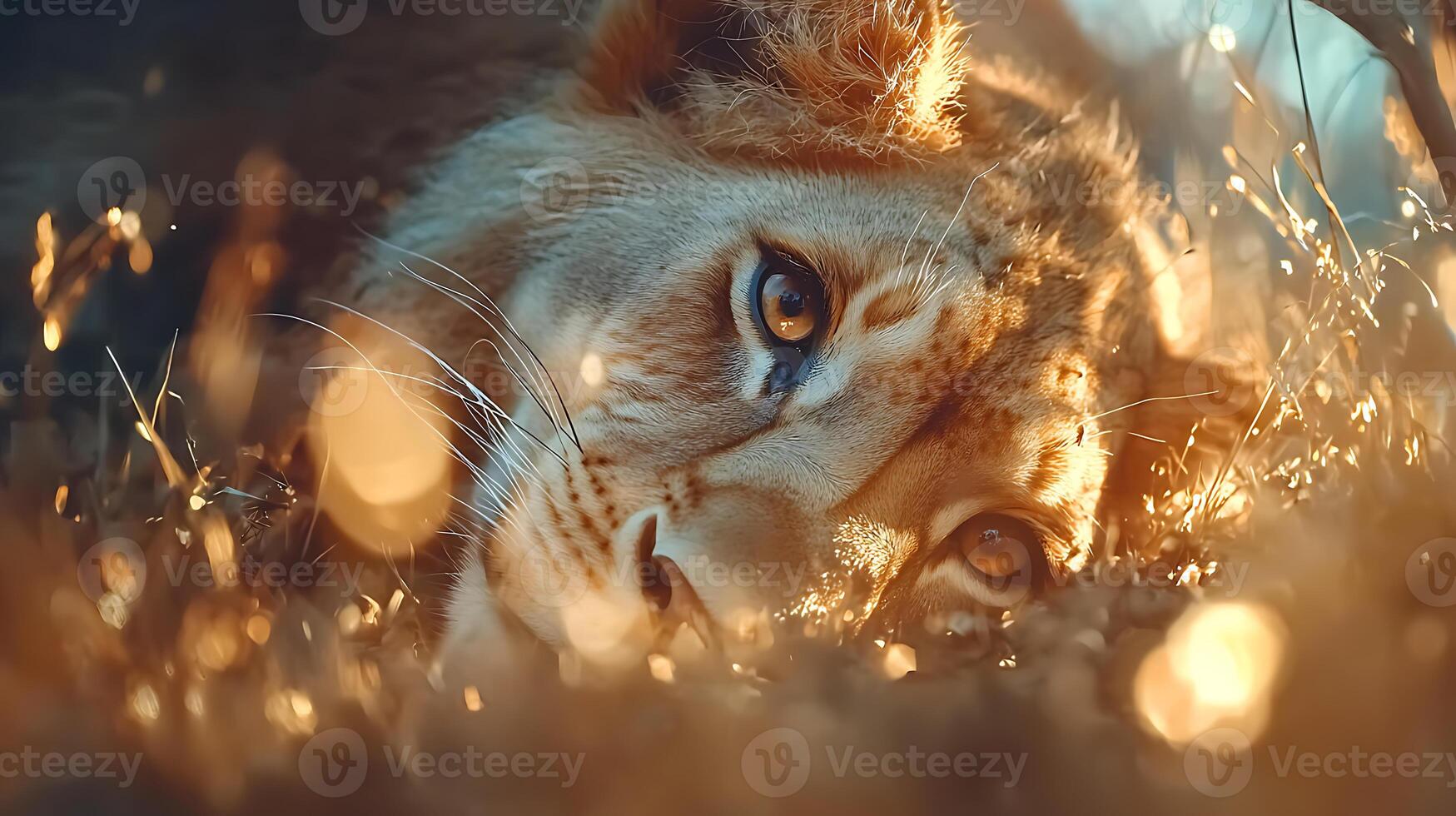 close up wildlife photo of lion resting in savannah, showcasing its intense gaze and beautiful fur. warm sunlight creates serene atmosphere, highlighting lion majestic features