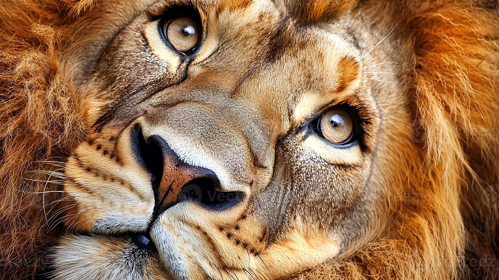 Majestic lion with detailed face and expressive eyes, showcasing its powerful presence and vibrant mane. stunning wildlife portrait that captures essence of savannah photo