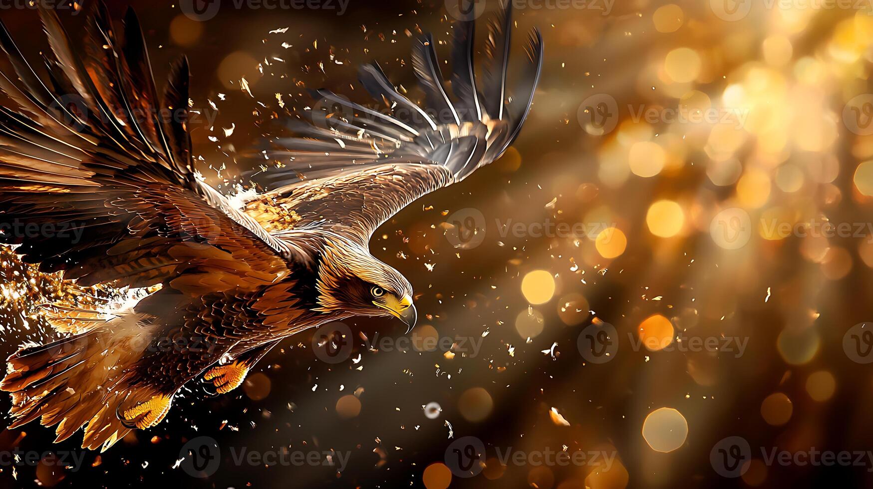 Majestic eagle in flight, showcasing powerful wings and golden feathers, surrounded by shimmering background of light and particles photo