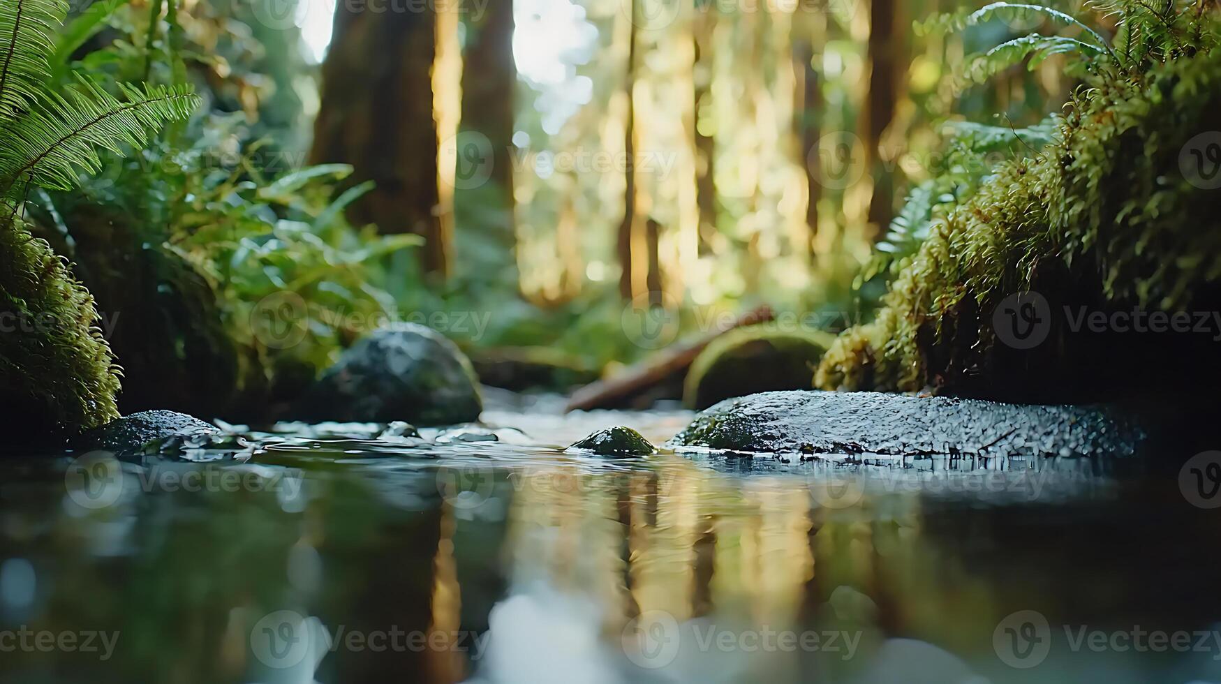 serene forest stream flows gently over moss covered rocks, surrounded by lush greenery and tall trees, creating peaceful and tranquil atmosphere photo