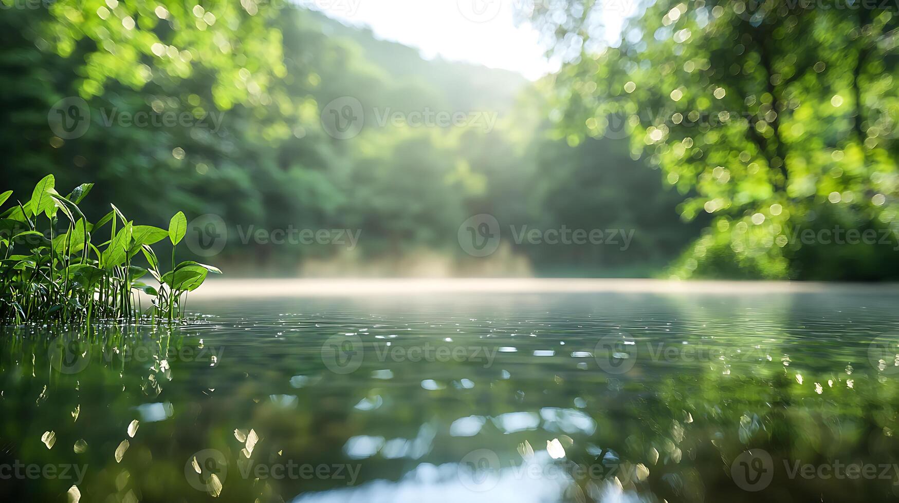 serene photo of calm lake with mist, surrounded by lush greenery and soft sunlight. tranquil atmosphere evokes sense of peace and connection with nature