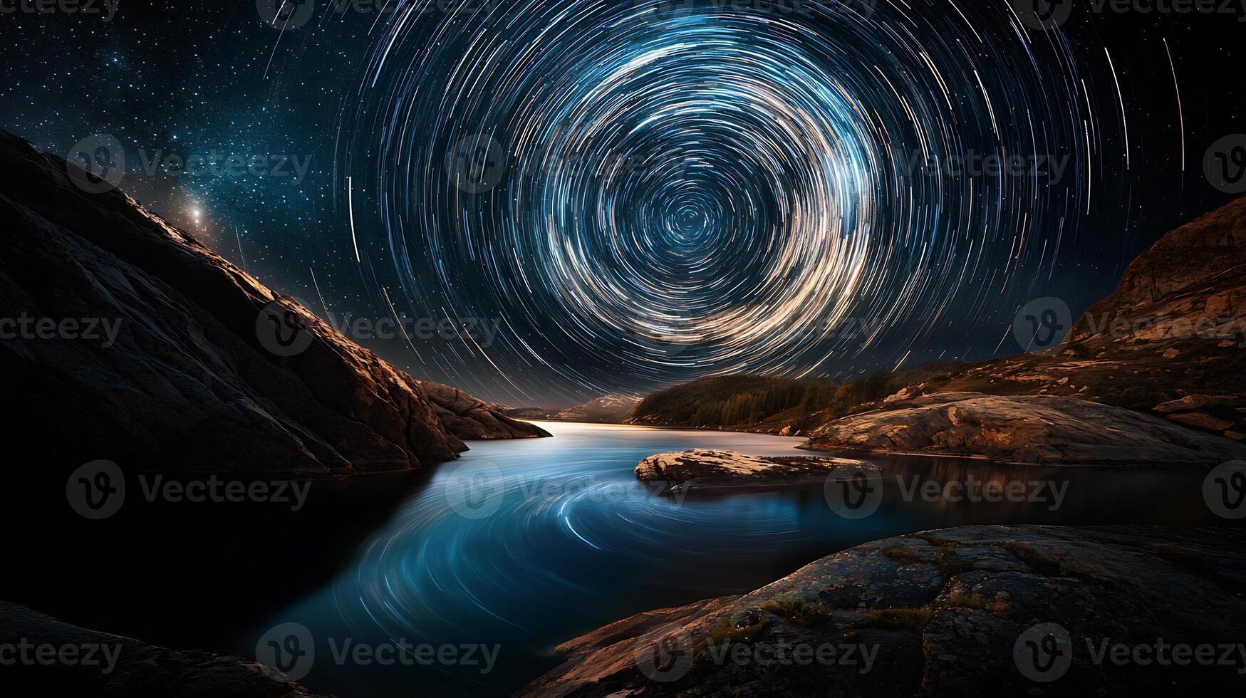mesmerizing starry night sky captured with mirrorless camera, showcasing swirling star trails over tranquil water body surrounded by rocky terrain. scene evokes sense of wonder and serenity photo