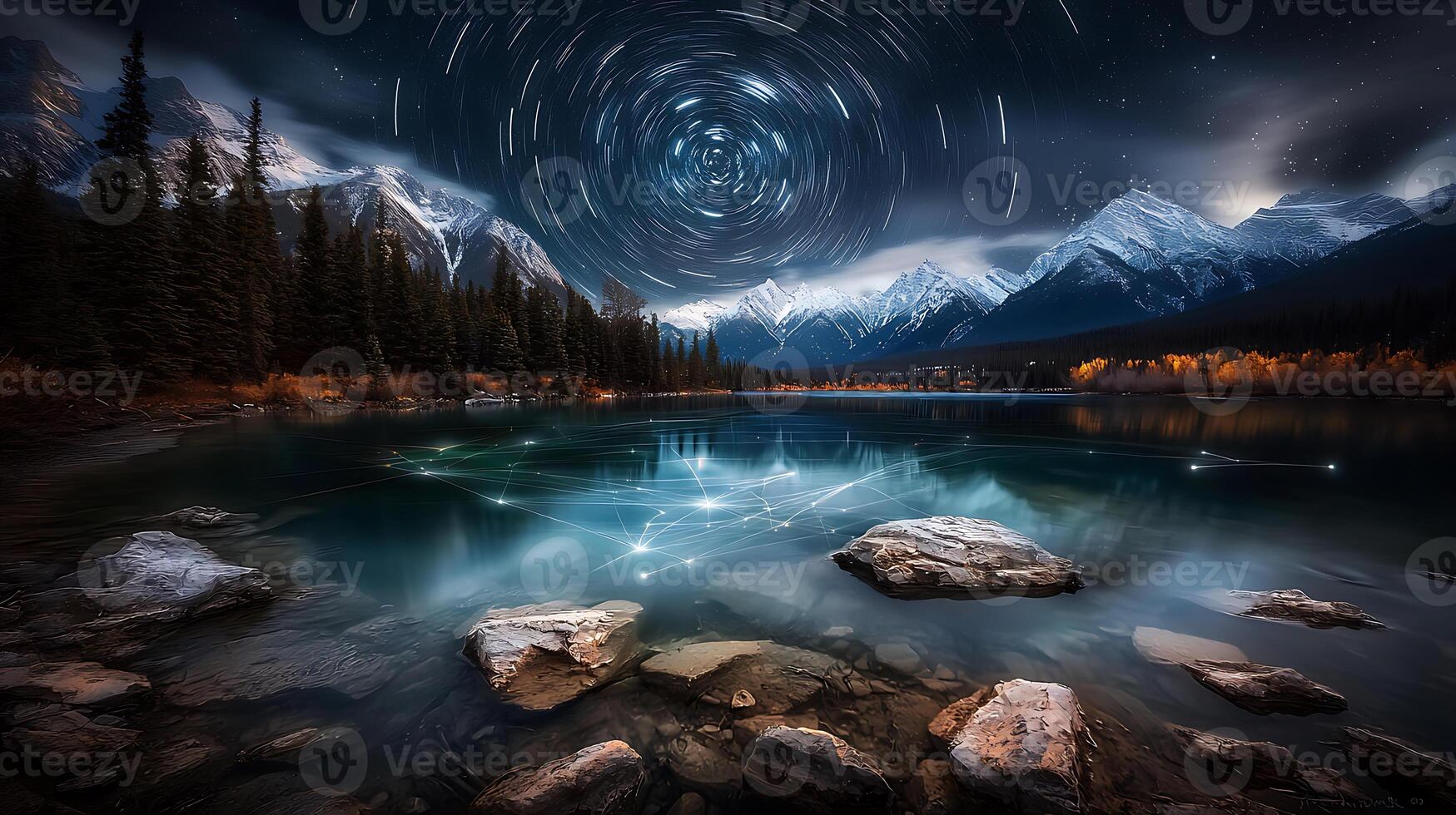 serene night scene featuring starry sky above tranquil lake, surrounded by mountains and trees. stars create mesmerizing circular pattern, reflecting on water surface photo