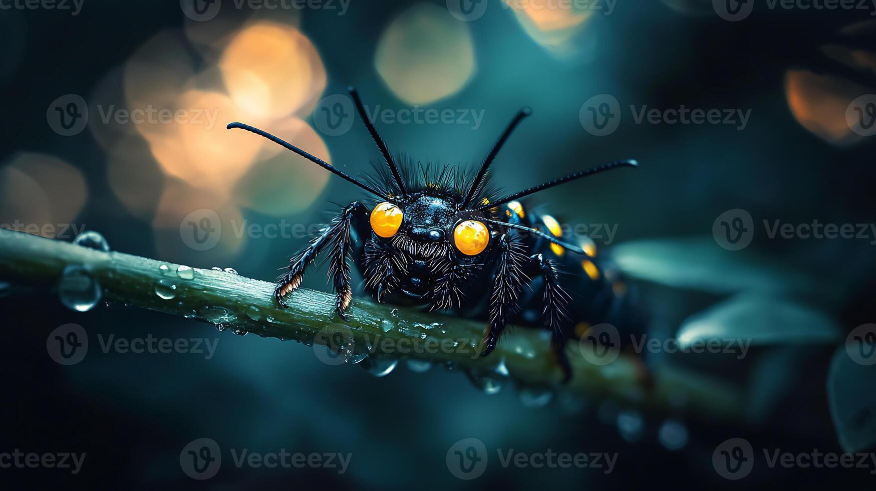 A caterpillar with yellow eyes sitting on a branch photo