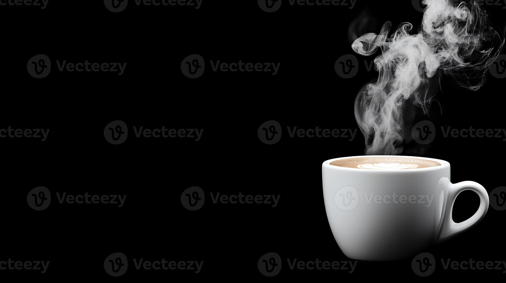 steaming coffee cup on black background, exuding warmth and comfort. Perfect for coffee lovers and cozy moments photo